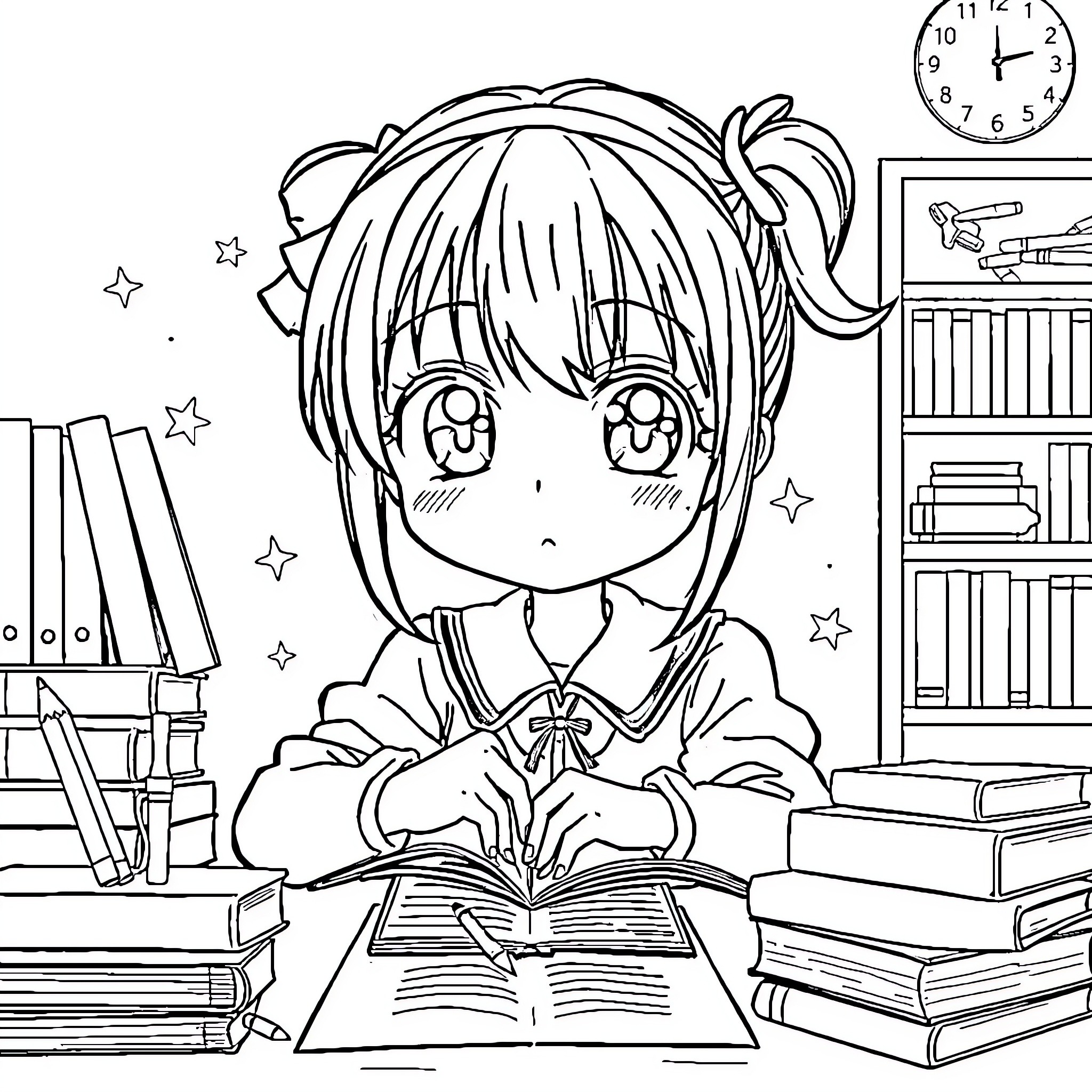 Anime Girl Studying Diligently in Library Coloring Page (free black-and-white line drawing printable PDF for all, from beginners to advanced learners, including children, teens, adults, and seniors)