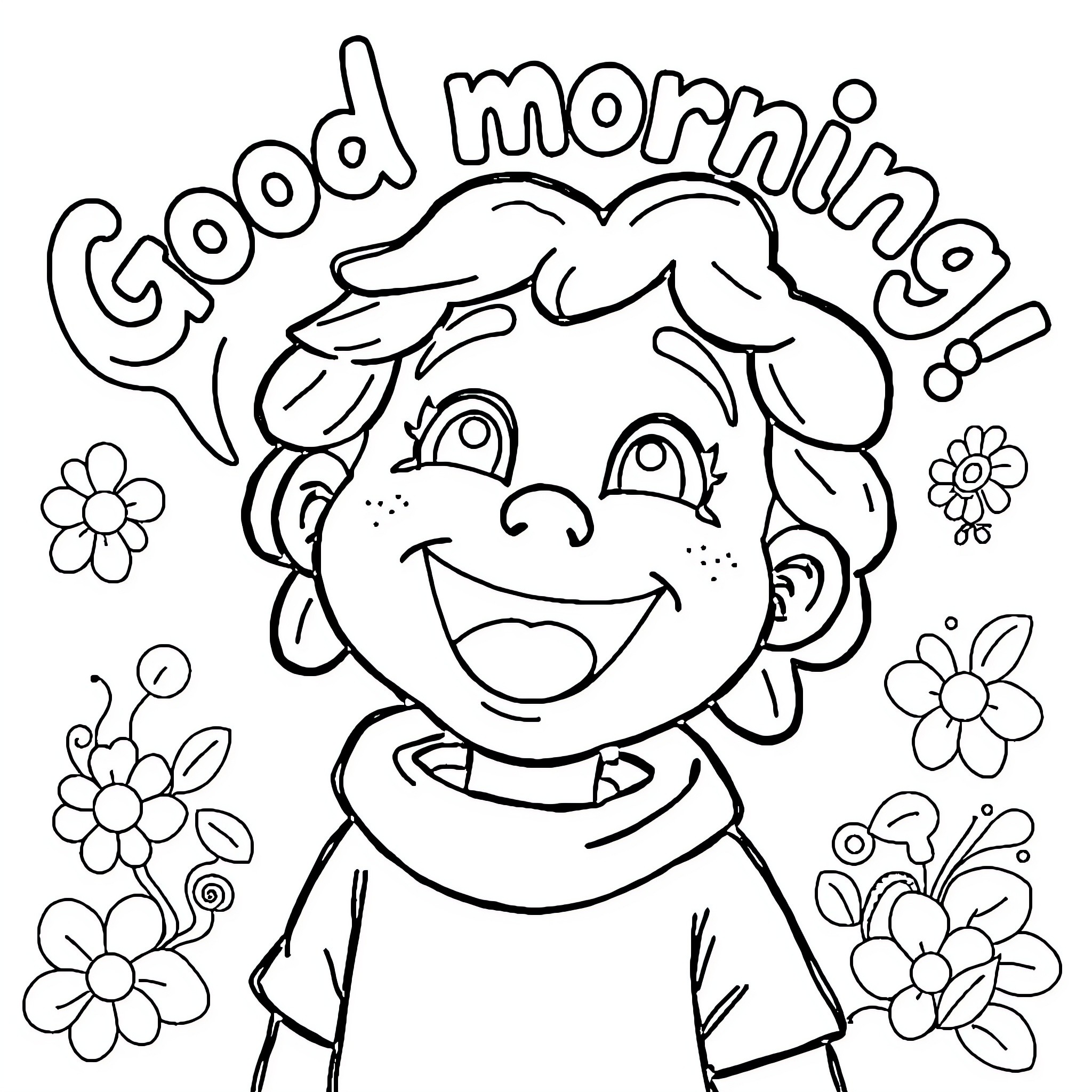 Guguli's Cheerful Morning Coloring Page (free black-and-white line drawing printable PDF for all, from beginners to advanced learners, including children, teens, adults, and seniors)