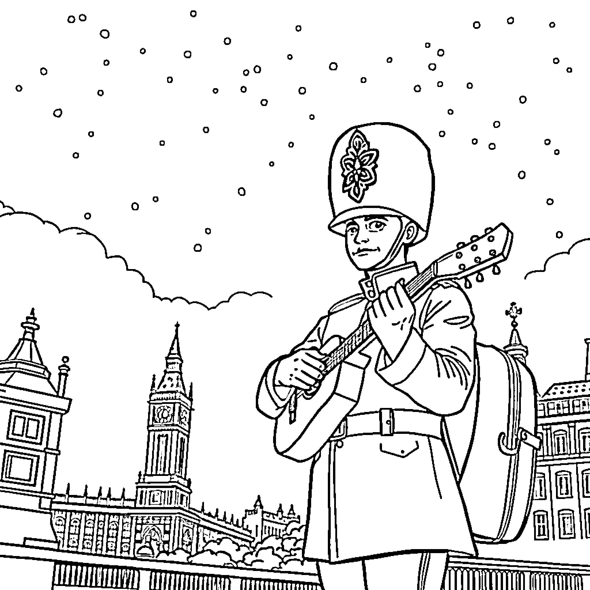 Garde de Londres playing guitar in the snow Coloring Page (free black-and-white line drawing printable PDF for all, from beginners to advanced learners, including children, teens, adults, and seniors)
