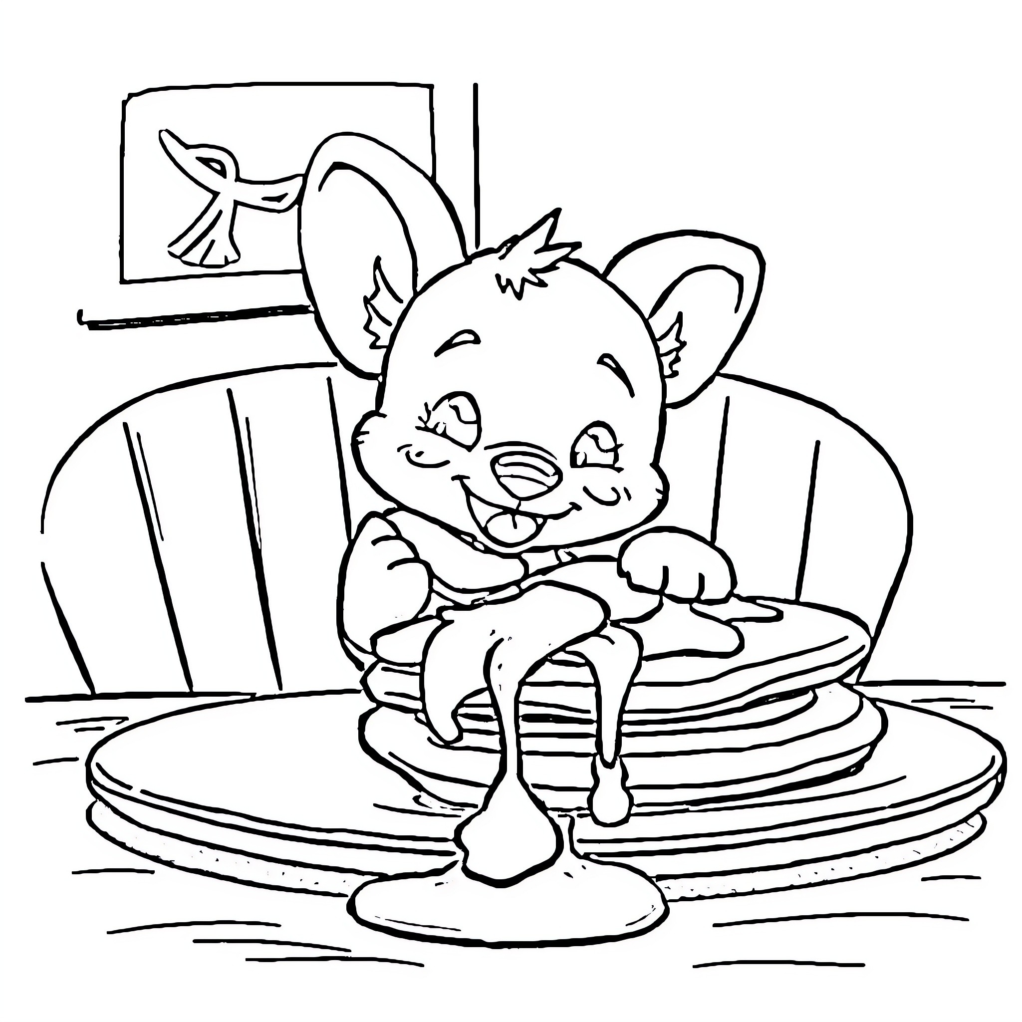 Bluey enjoying a tasty treat on a stool Coloring Page (free black-and-white line drawing printable PDF for all, from beginners to advanced learners, including children, teens, adults, and seniors)