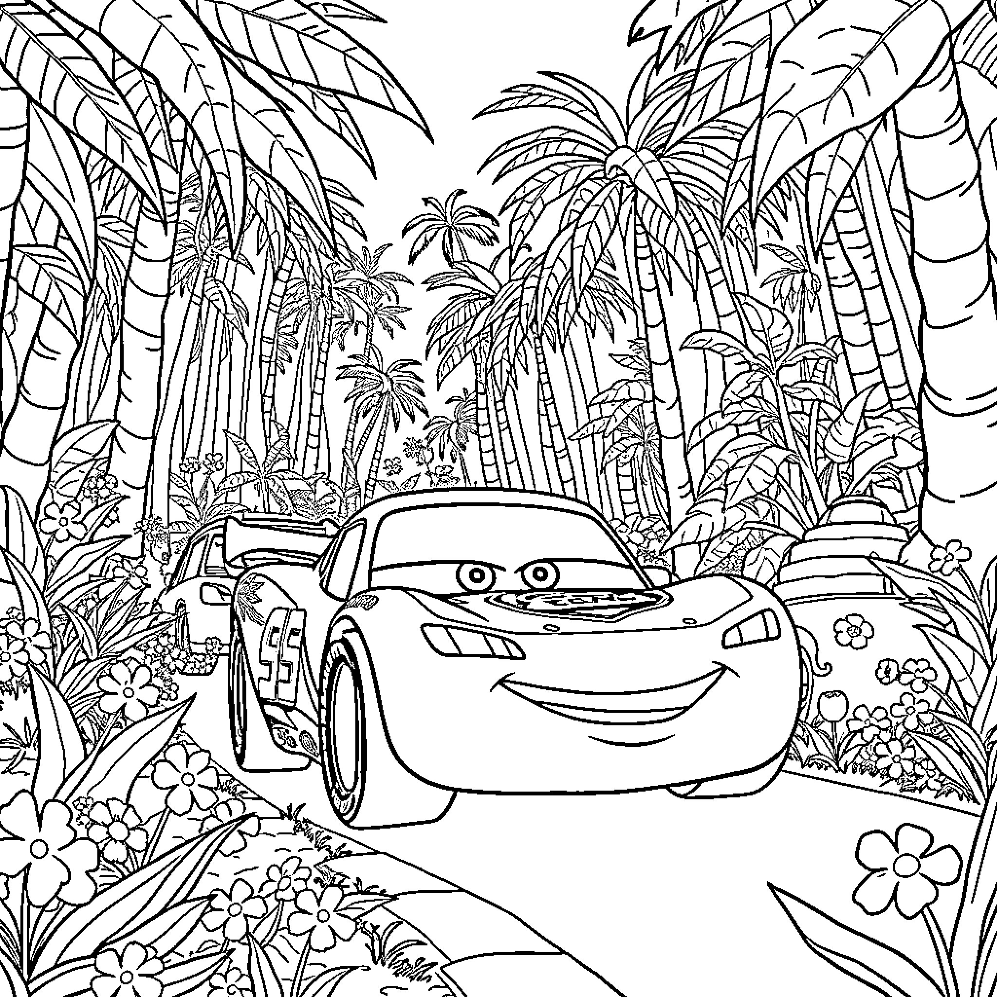 Car driving through tropical jungle landscape Coloring Page (free black-and-white line drawing printable PDF for all, from beginners to advanced learners, including children, teens, adults, and seniors)