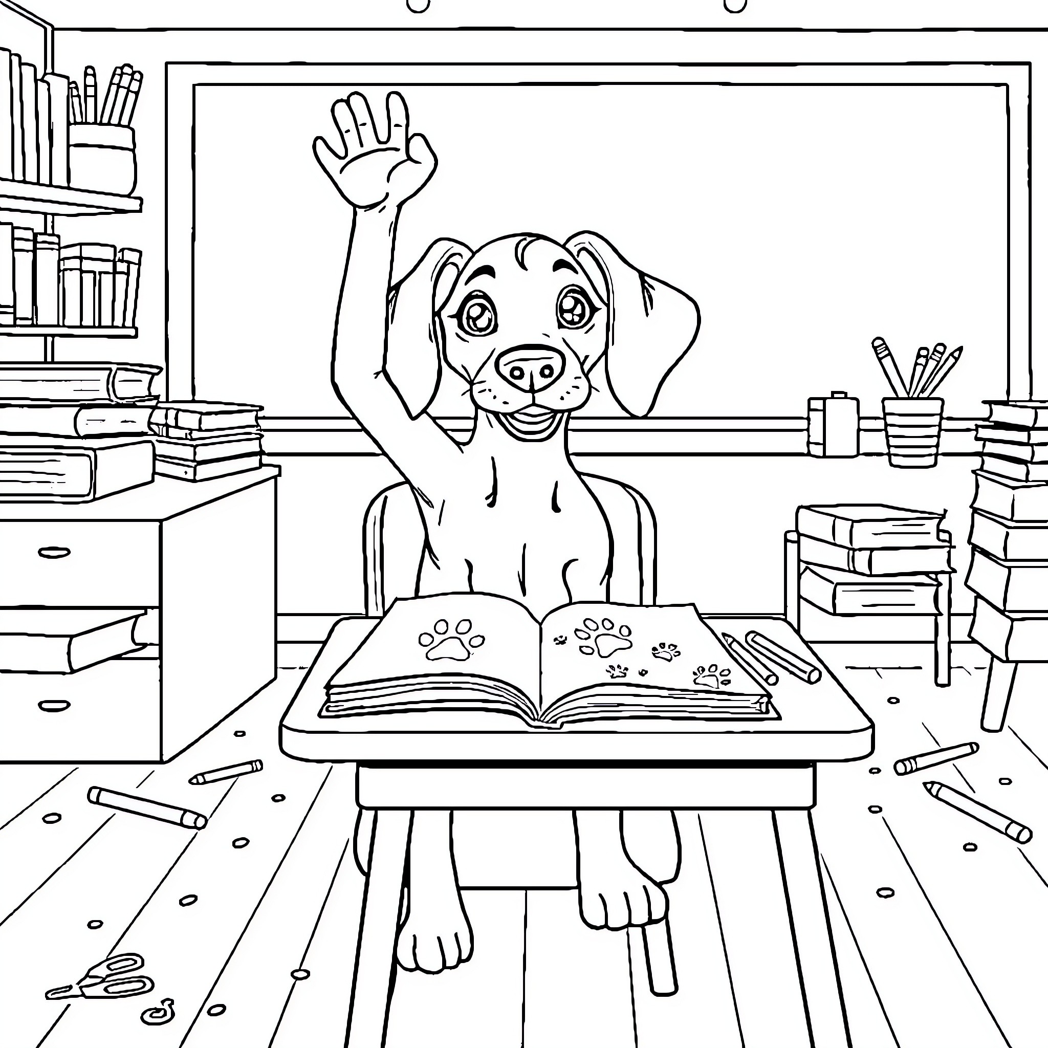 Vizsla Dog Studying Enthusiastically in Classroom Coloring Page (free black-and-white line drawing printable PDF for all, from beginners to advanced learners, including children, teens, adults, and seniors)