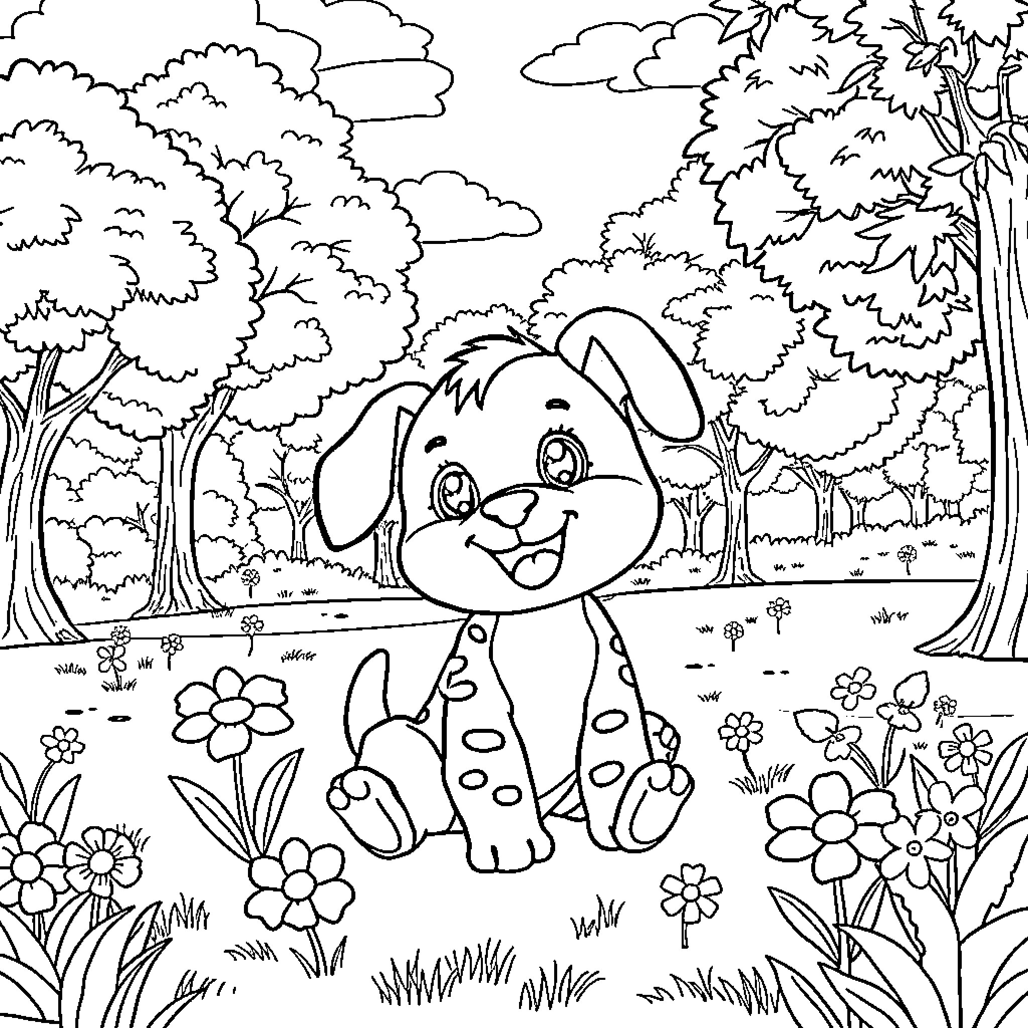 Labubu the Puppy's Joyful Adventure in the Forest Coloring Page (free black-and-white line drawing printable PDF for all, from beginners to advanced learners, including children, teens, adults, and seniors)