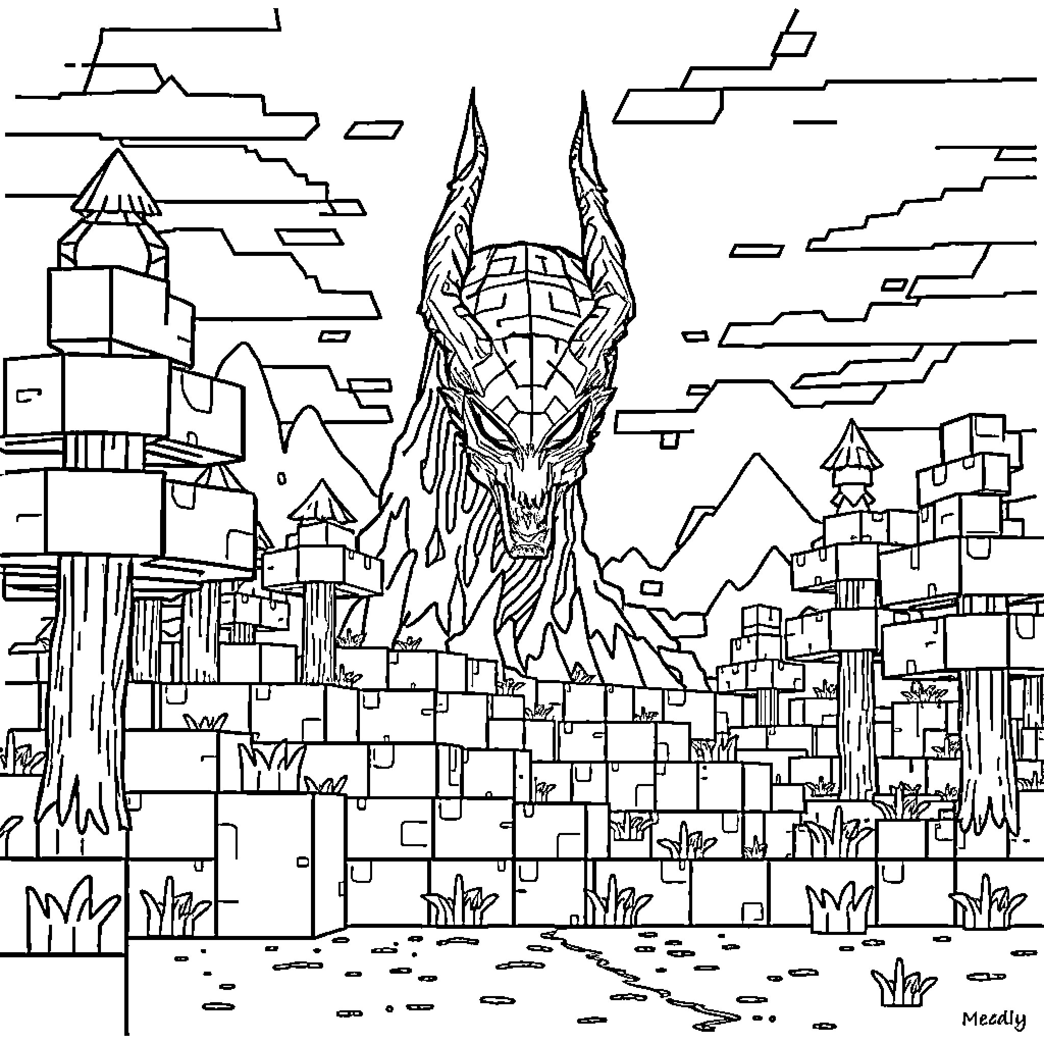 Minecraft Ender Dragon Battles Cityscape Coloring Page (free black-and-white line drawing printable PDF for all, from beginners to advanced learners, including children, teens, adults, and seniors)