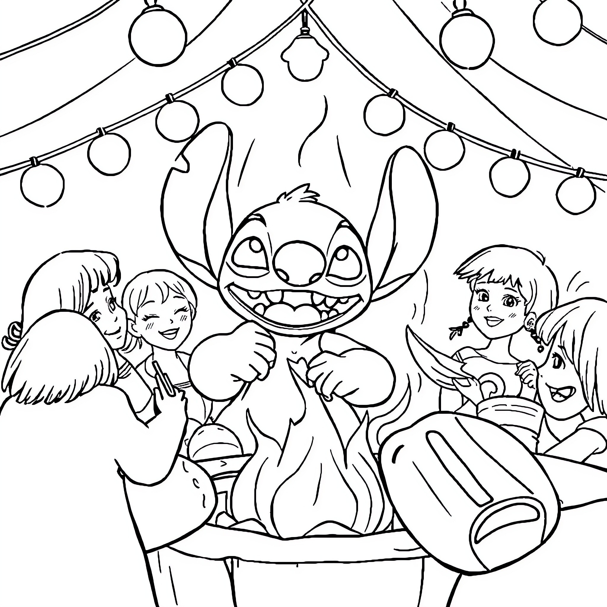Stitch surrounded by characters in a festive scene Coloring Page (free black-and-white line drawing printable PDF for all, from beginners to advanced learners, including children, teens, adults, and seniors)
