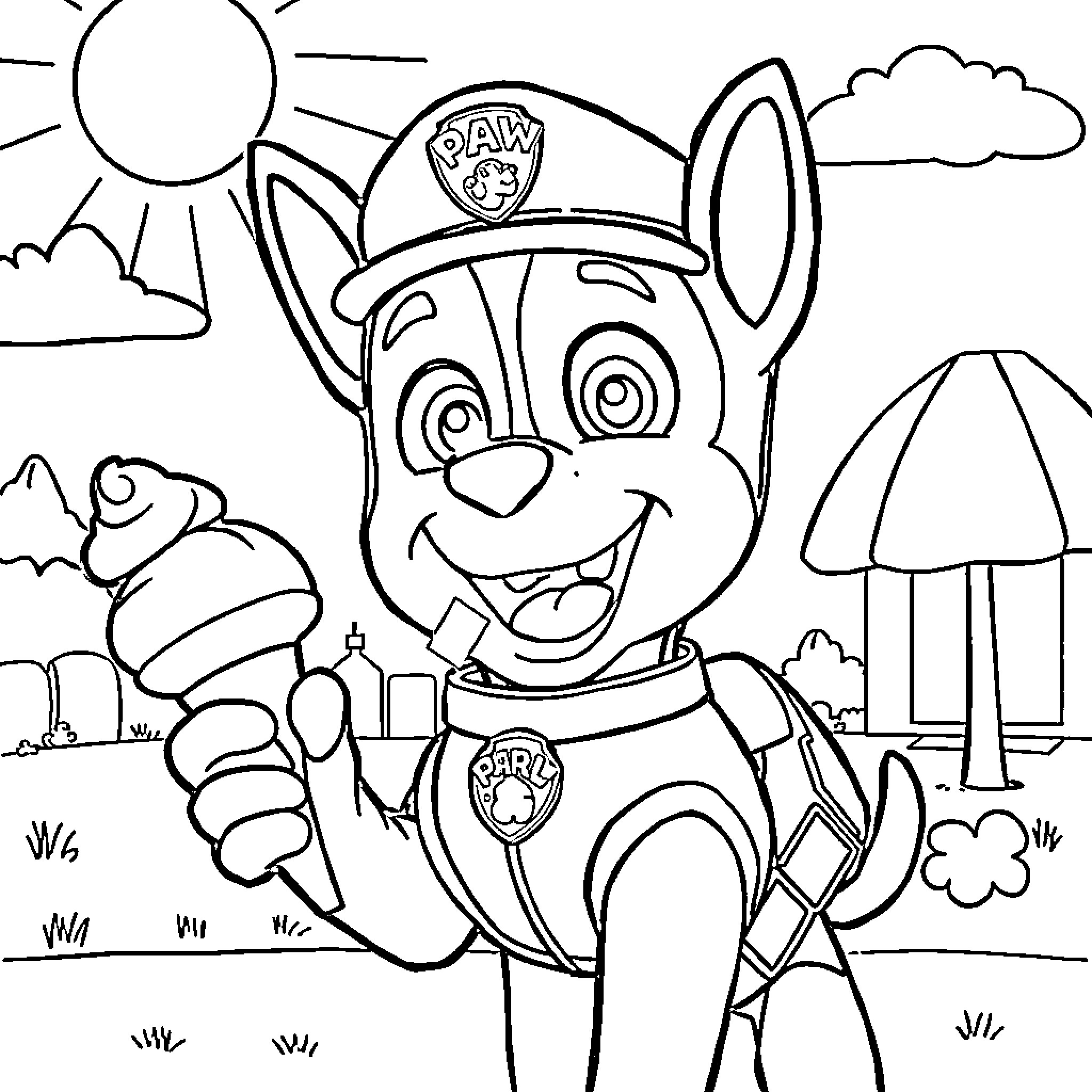 Chase the Pup's Exciting Adventure at the Park Coloring Page (free black-and-white line drawing printable PDF for all, from beginners to advanced learners, including children, teens, adults, and seniors)