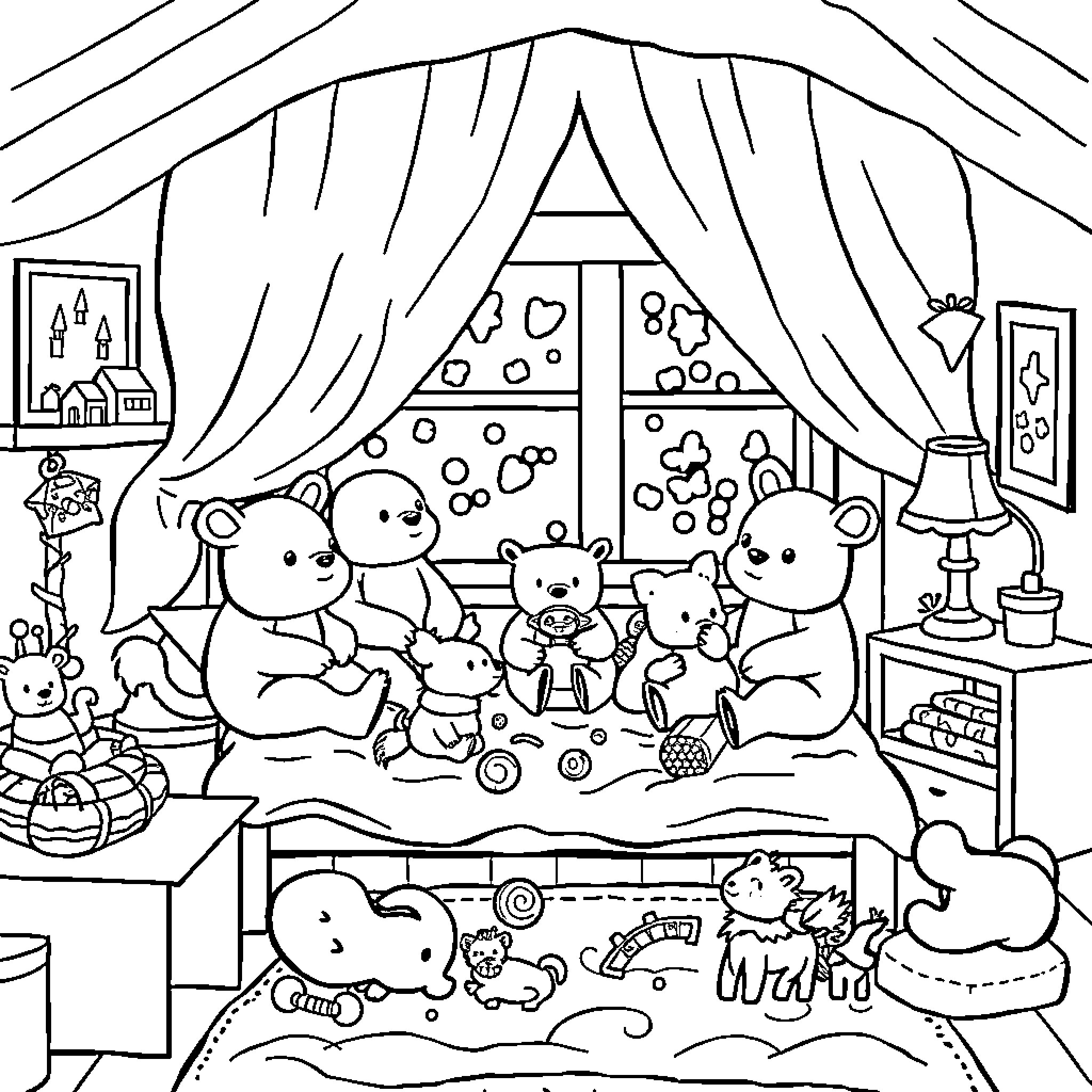 Animal family playing together in cozy room Coloring Page (free black-and-white line drawing printable PDF for all, from beginners to advanced learners, including children, teens, adults, and seniors)