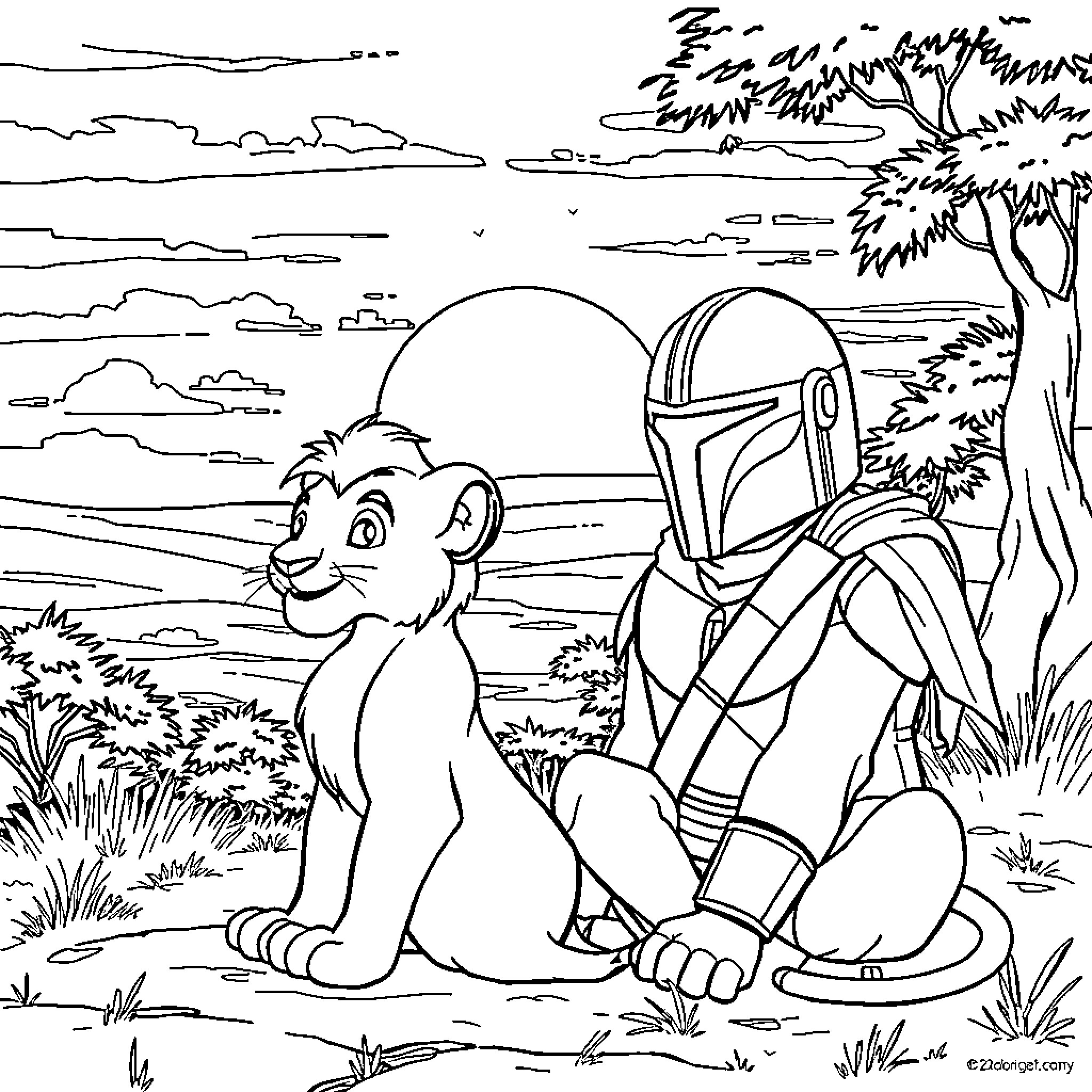 Simba sitting peacefully beside a helmeted warrior Coloring Page (free black-and-white line drawing printable PDF for all, from beginners to advanced learners, including children, teens, adults, and seniors)