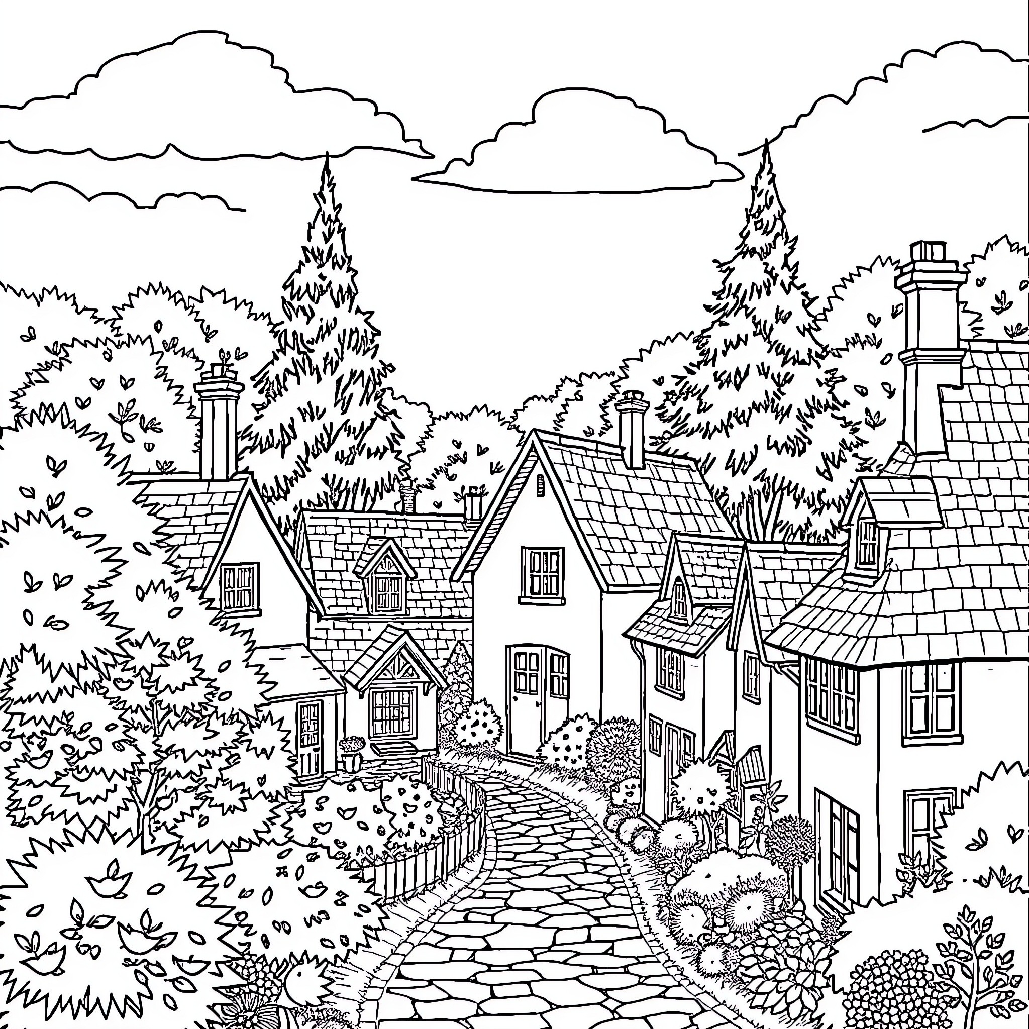 Cottage in a Quaint Country Village Coloring Page (free black-and-white line drawing printable PDF for all, from beginners to advanced learners, including children, teens, adults, and seniors)