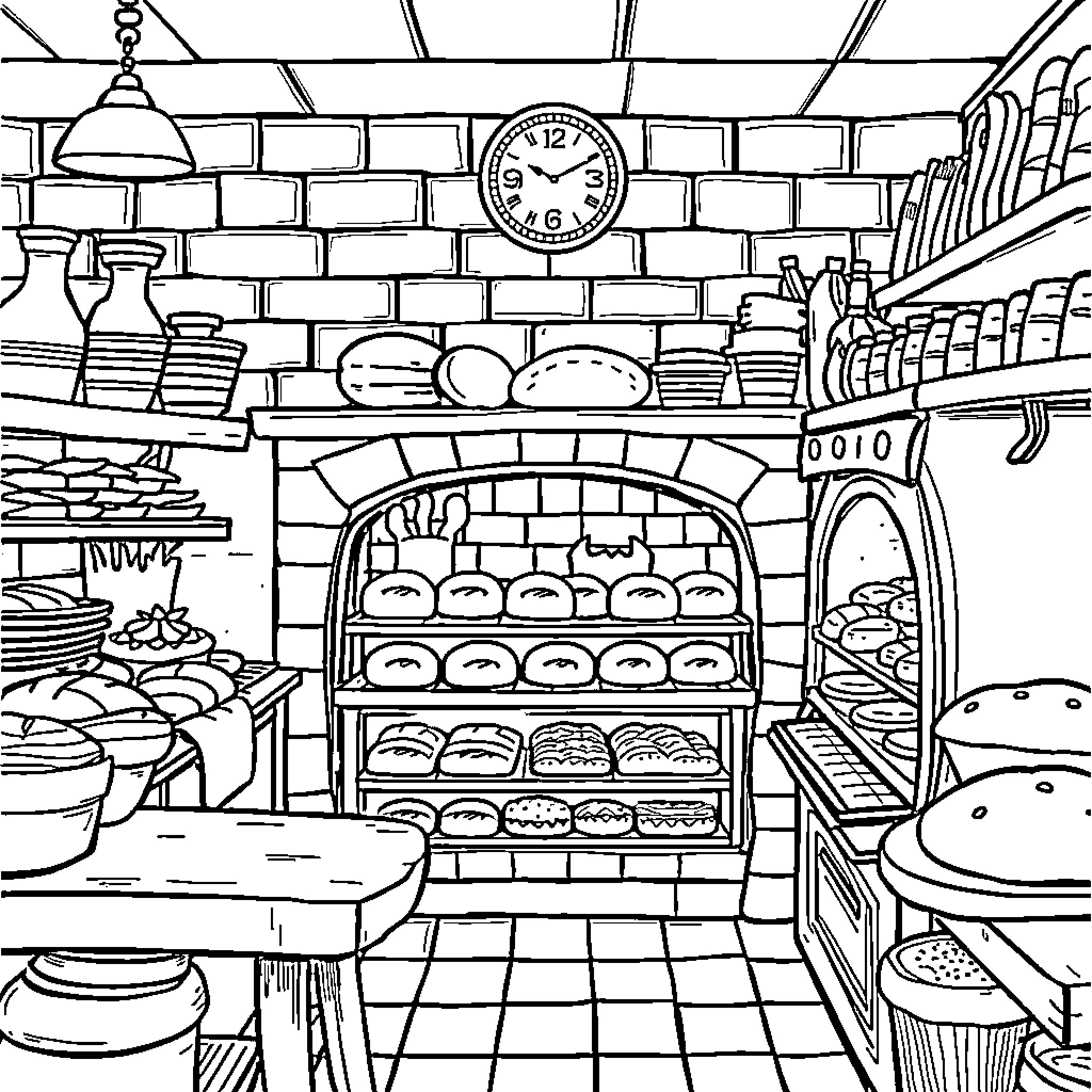 Bakery with bustling kitchen scene Coloring Page (free black-and-white line drawing printable PDF for all, from beginners to advanced learners, including children, teens, adults, and seniors)