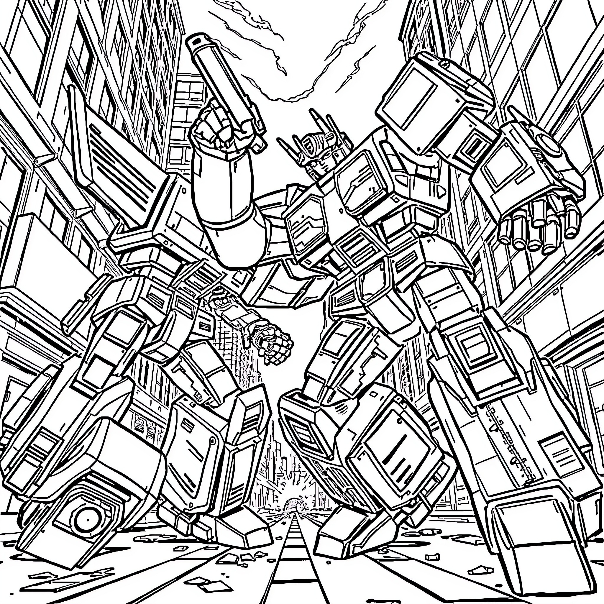 Transformer robot battling among destroyed city buildings Coloring Page (free black-and-white line drawing printable PDF for all, from beginners to advanced learners, including children, teens, adults, and seniors)