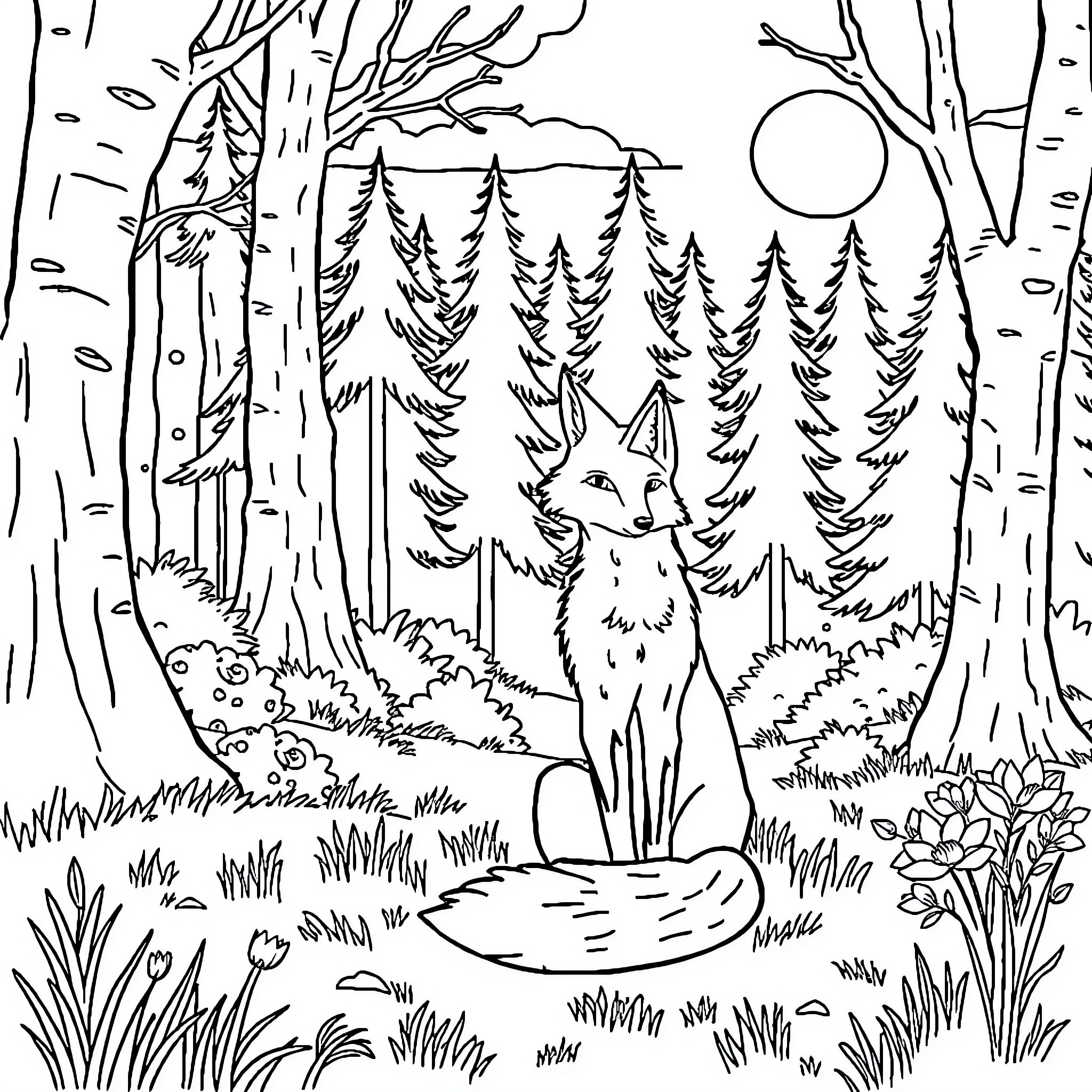 Fox exploring the enchanting forest landscape Coloring Page (free black-and-white line drawing printable PDF for all, from beginners to advanced learners, including children, teens, adults, and seniors)