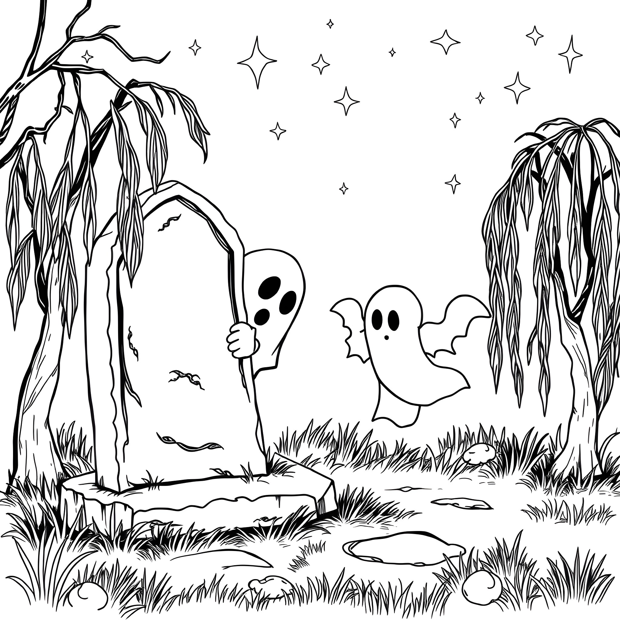 PST I SEE DEAD PPL Ghostly figures roaming a haunted forest Coloring Page (free black-and-white line drawing printable PDF for all, from beginners to advanced learners, including children, teens, adults, and seniors)