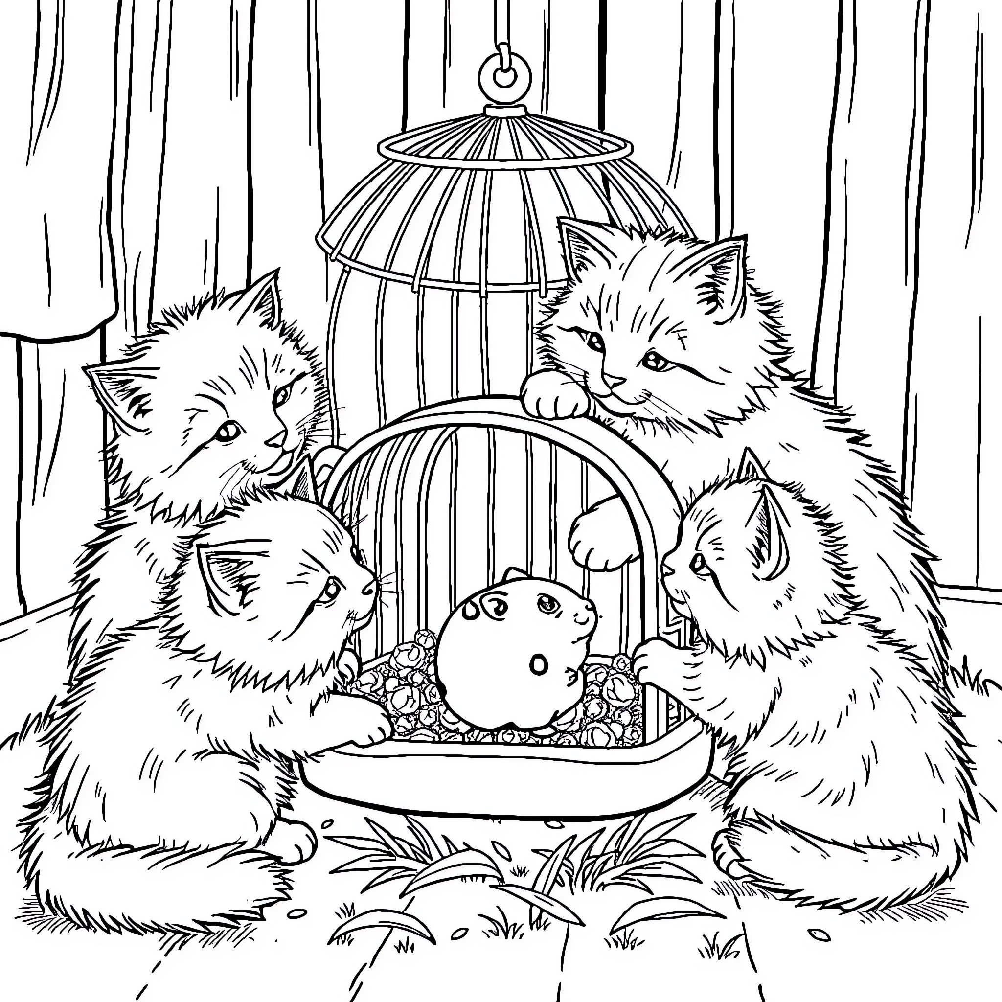 Cat kittens exploring birdcage in the forest Coloring Page (free black-and-white line drawing printable PDF for all, from beginners to advanced learners, including children, teens, adults, and seniors)