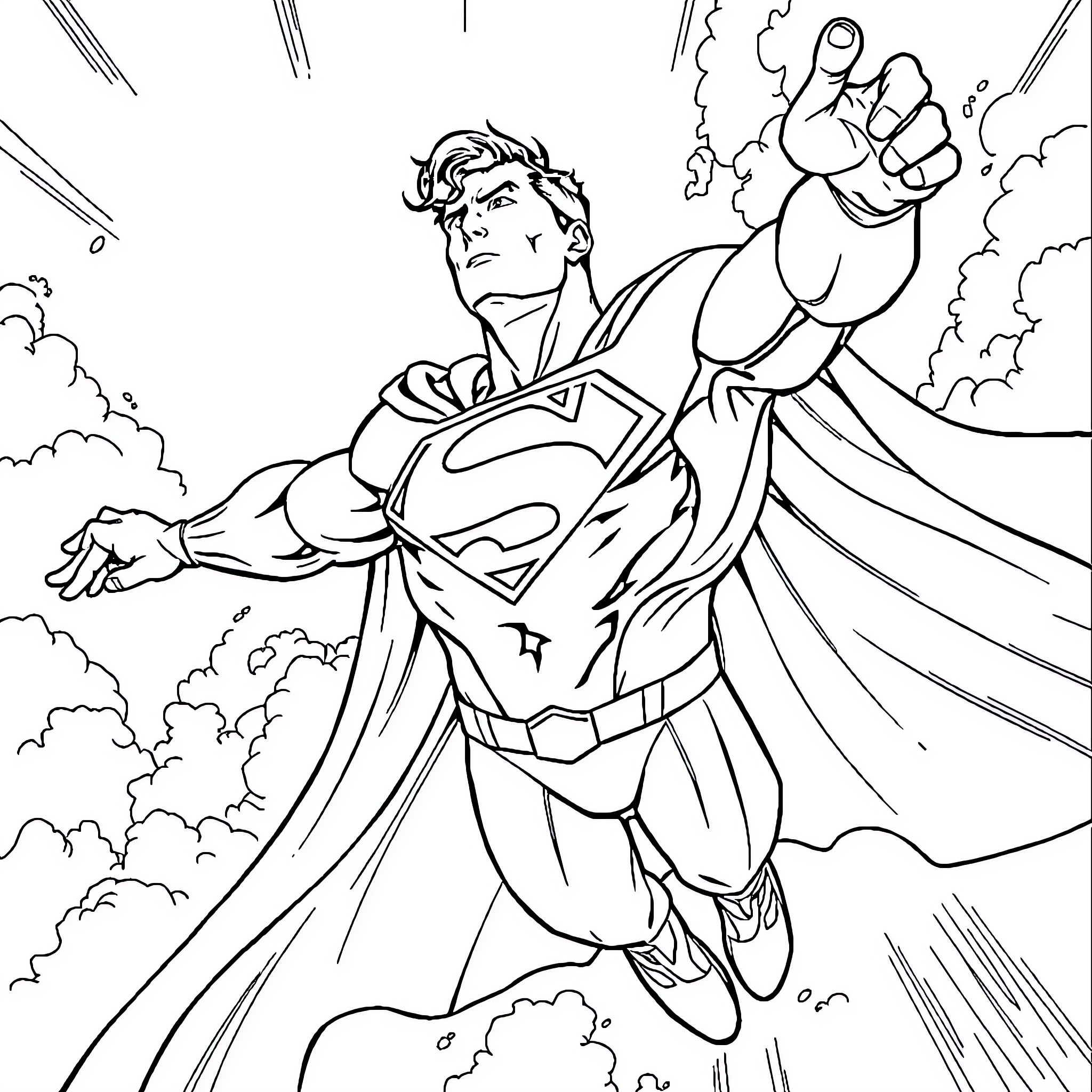 Superman soaring through the sky in action Coloring Page (free black-and-white line drawing printable PDF for all, from beginners to advanced learners, including children, teens, adults, and seniors)