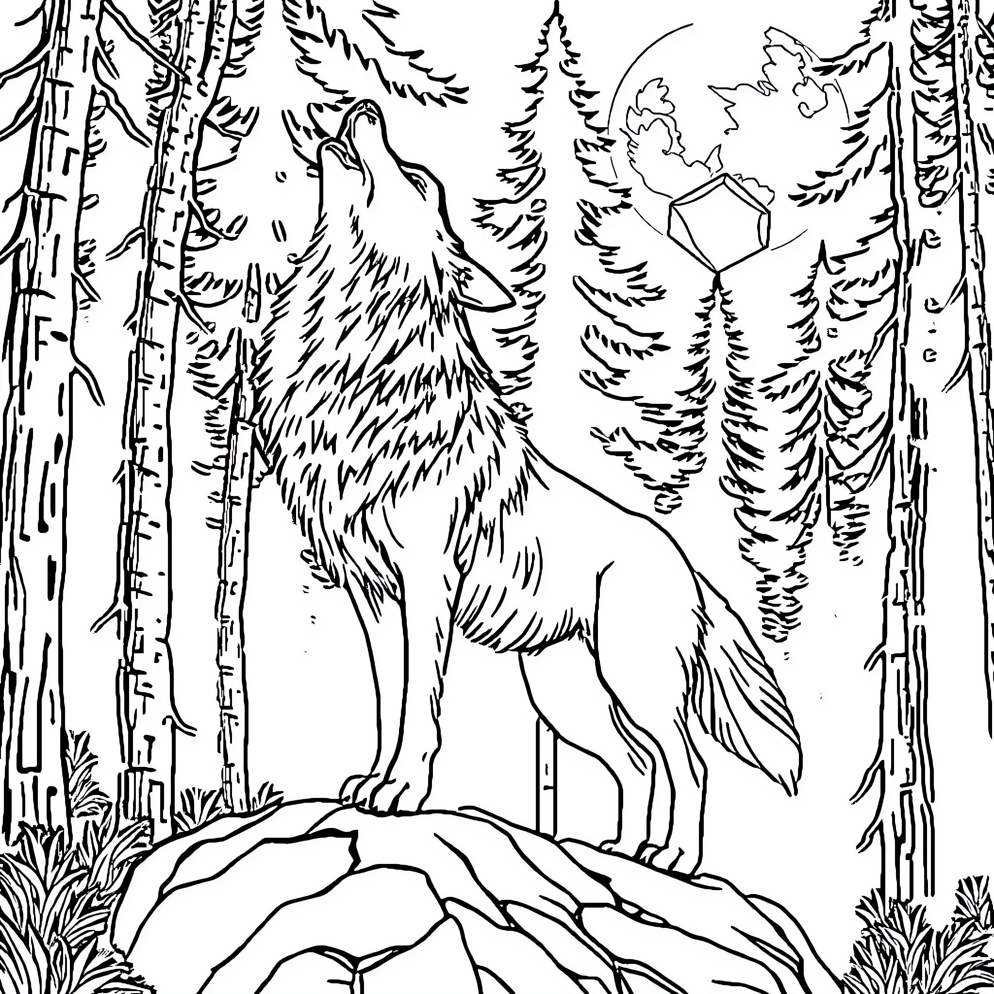 Wolf howling in a forest landscape Coloring Page (free black-and-white line drawing printable PDF for all, from beginners to advanced learners, including children, teens, adults, and seniors)
