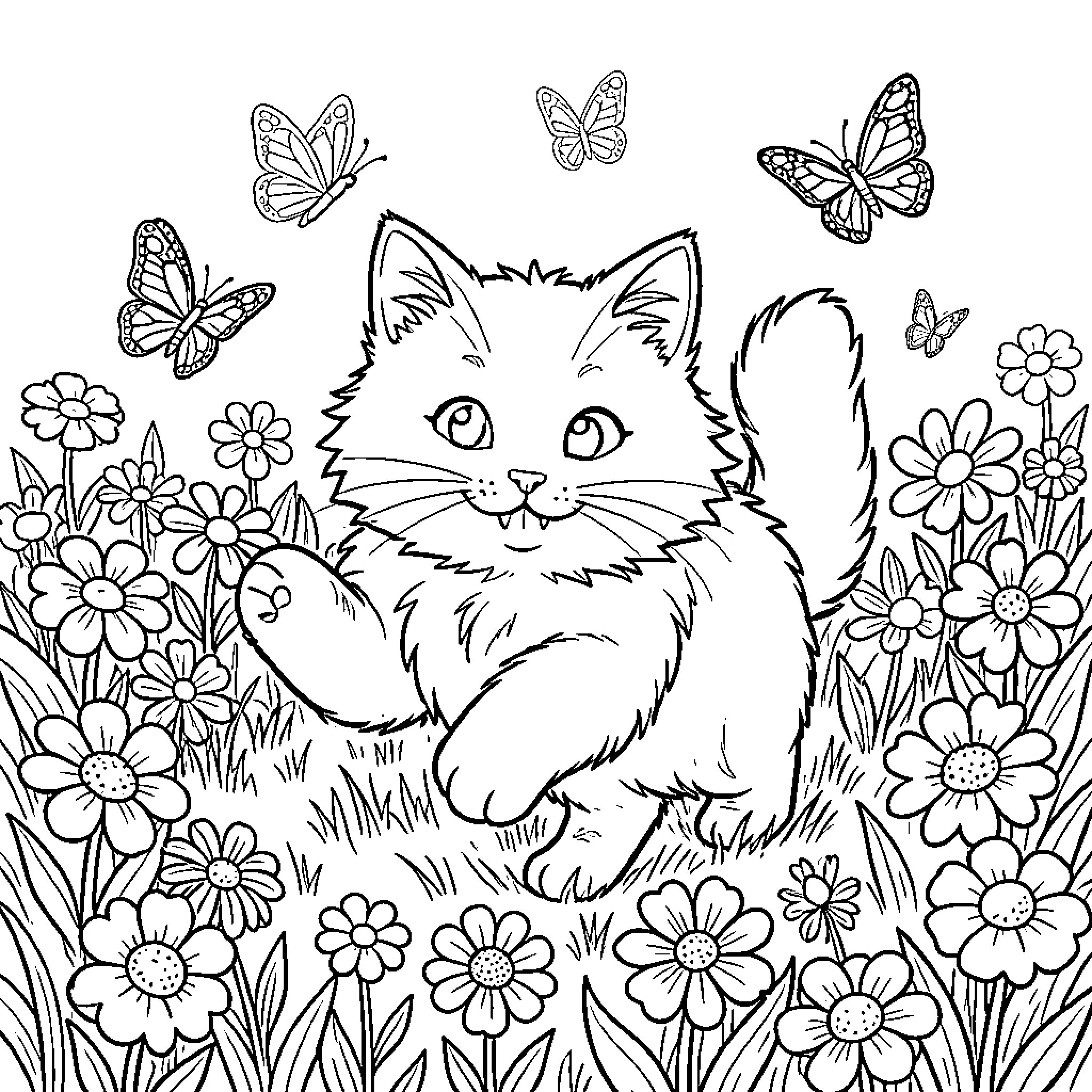 Cat surrounded by flowers and butterflies Coloring Page (free black-and-white line drawing printable PDF for all, from beginners to advanced learners, including children, teens, adults, and seniors)
