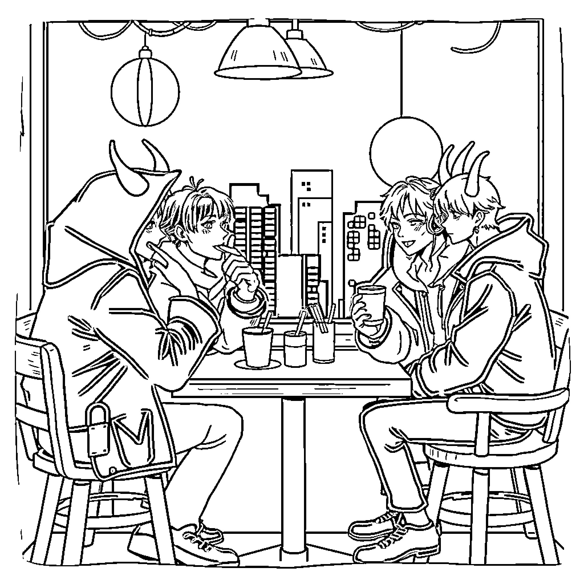 K Pop Duo Enjoying Casual Conversation Coloring Page (free black-and-white line drawing printable PDF for all, from beginners to advanced learners, including children, teens, adults, and seniors)