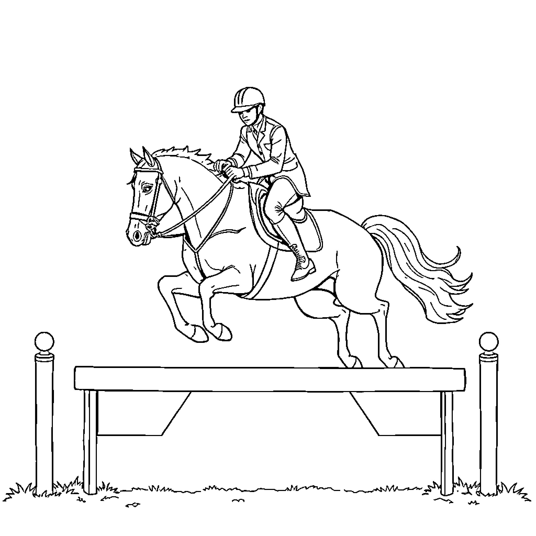 Cavalier Equestrian Jumping Over Hurdle Coloring Page (free black-and-white line drawing printable PDF for all, from beginners to advanced learners, including children, teens, adults, and seniors)