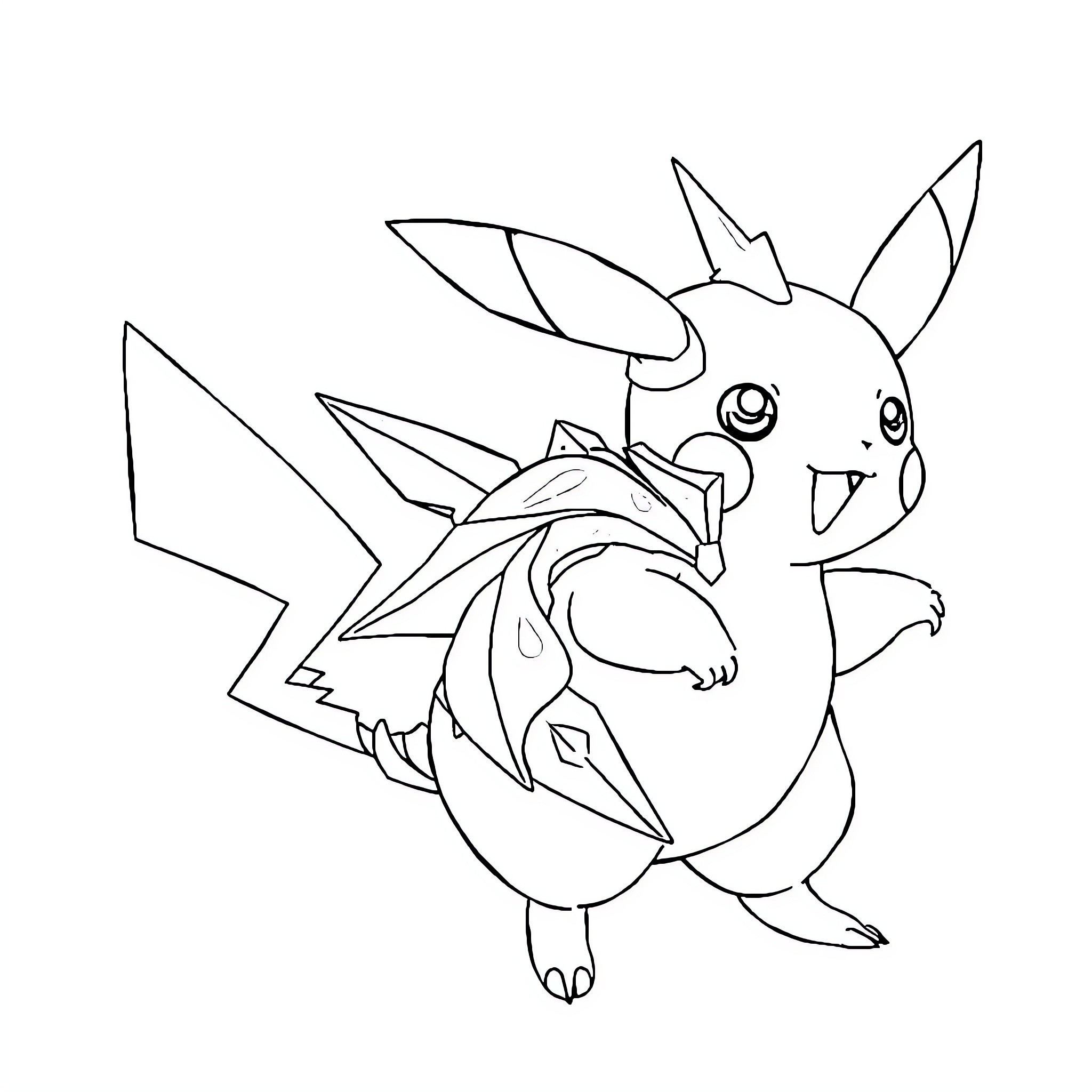Pikachu playing with a lightning bolt Coloring Page (free black-and-white line drawing printable PDF for all, from beginners to advanced learners, including children, teens, adults, and seniors)