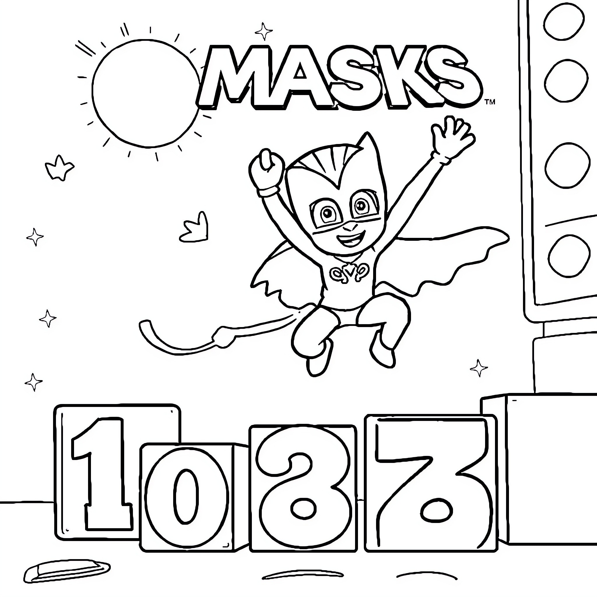 Pj Masks character in action with numbers Coloring Page (free black-and-white line drawing printable PDF for all, from beginners to advanced learners, including children, teens, adults, and seniors)