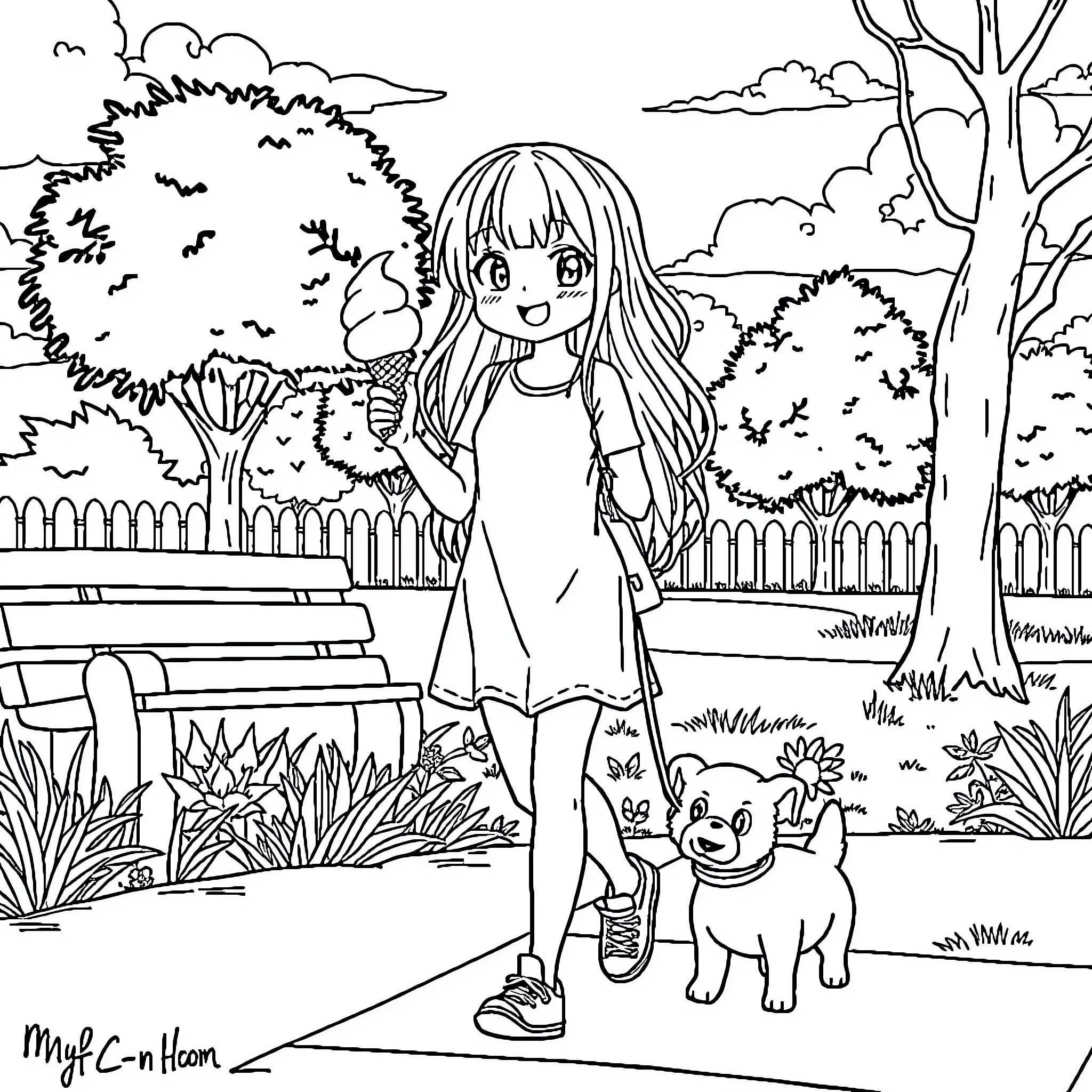 Anime Girl Enjoying a Peaceful Park Stroll with Her Puppy Coloring Page (free black-and-white line drawing printable PDF for all, from beginners to advanced learners, including children, teens, adults, and seniors)