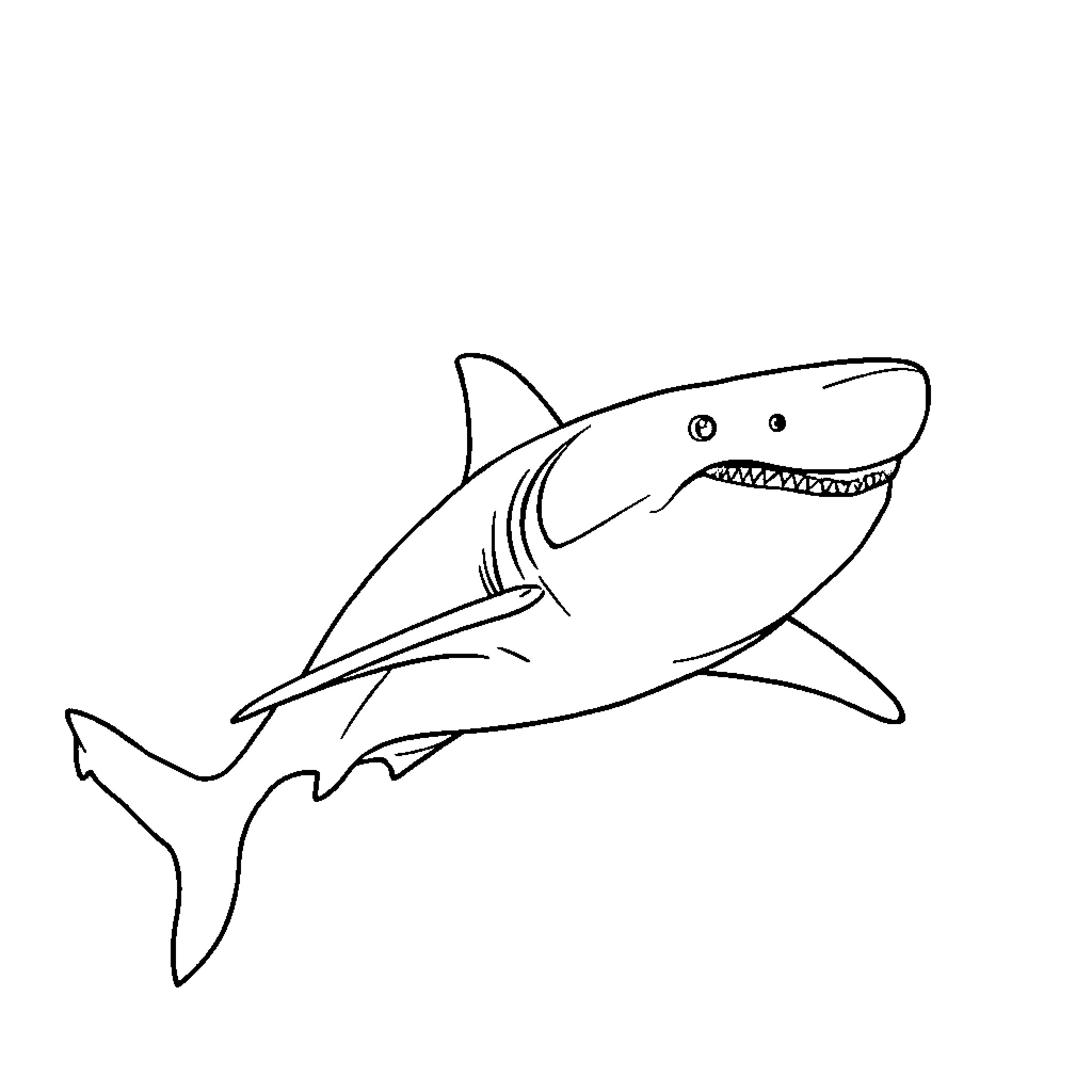 Shark swimming with open jaws Coloring Page (free black-and-white line drawing printable PDF for all, from beginners to advanced learners, including children, teens, adults, and seniors)
