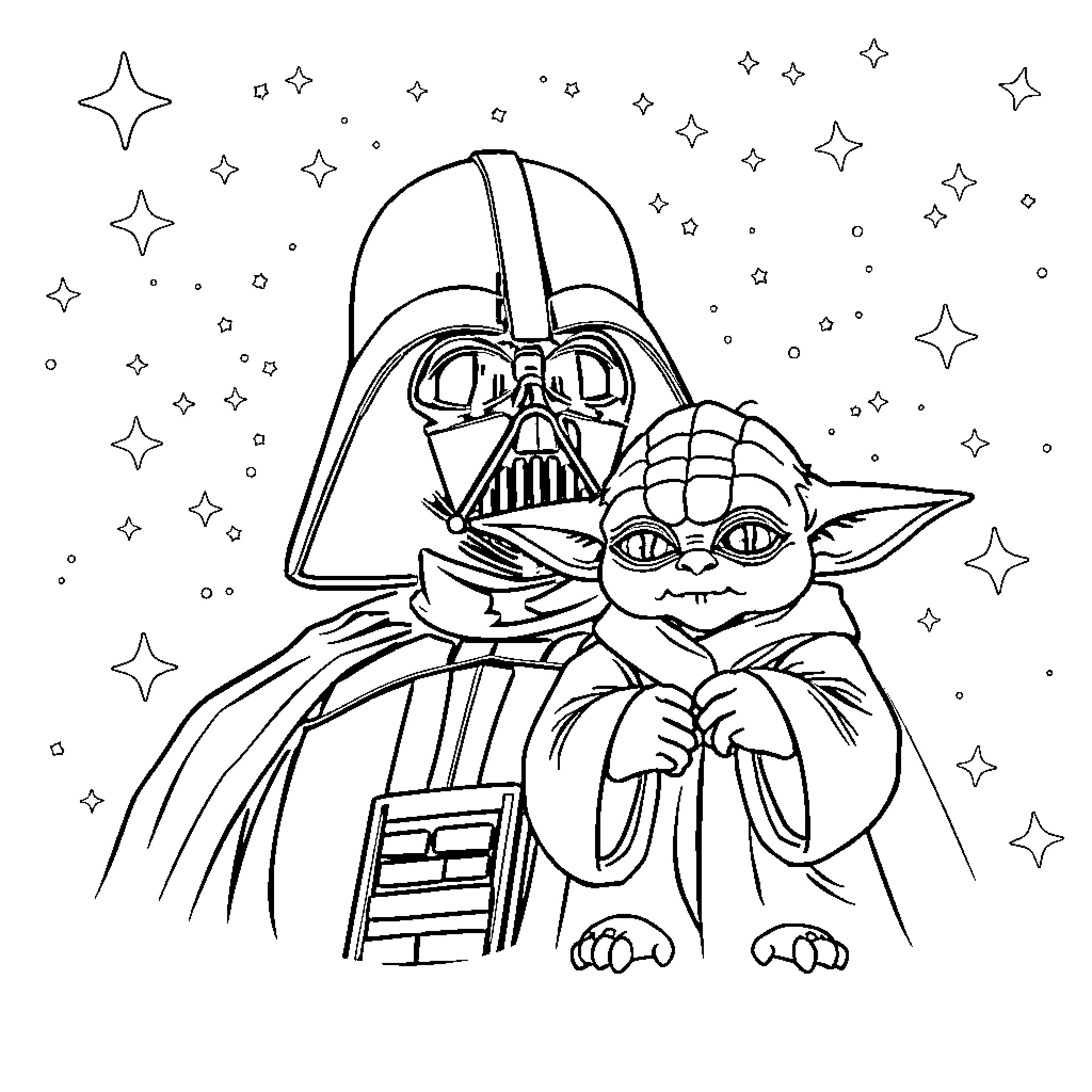 Star Wars Characters in Cosmic Encounter Coloring Page (free black-and-white line drawing printable PDF for all, from beginners to advanced learners, including children, teens, adults, and seniors)