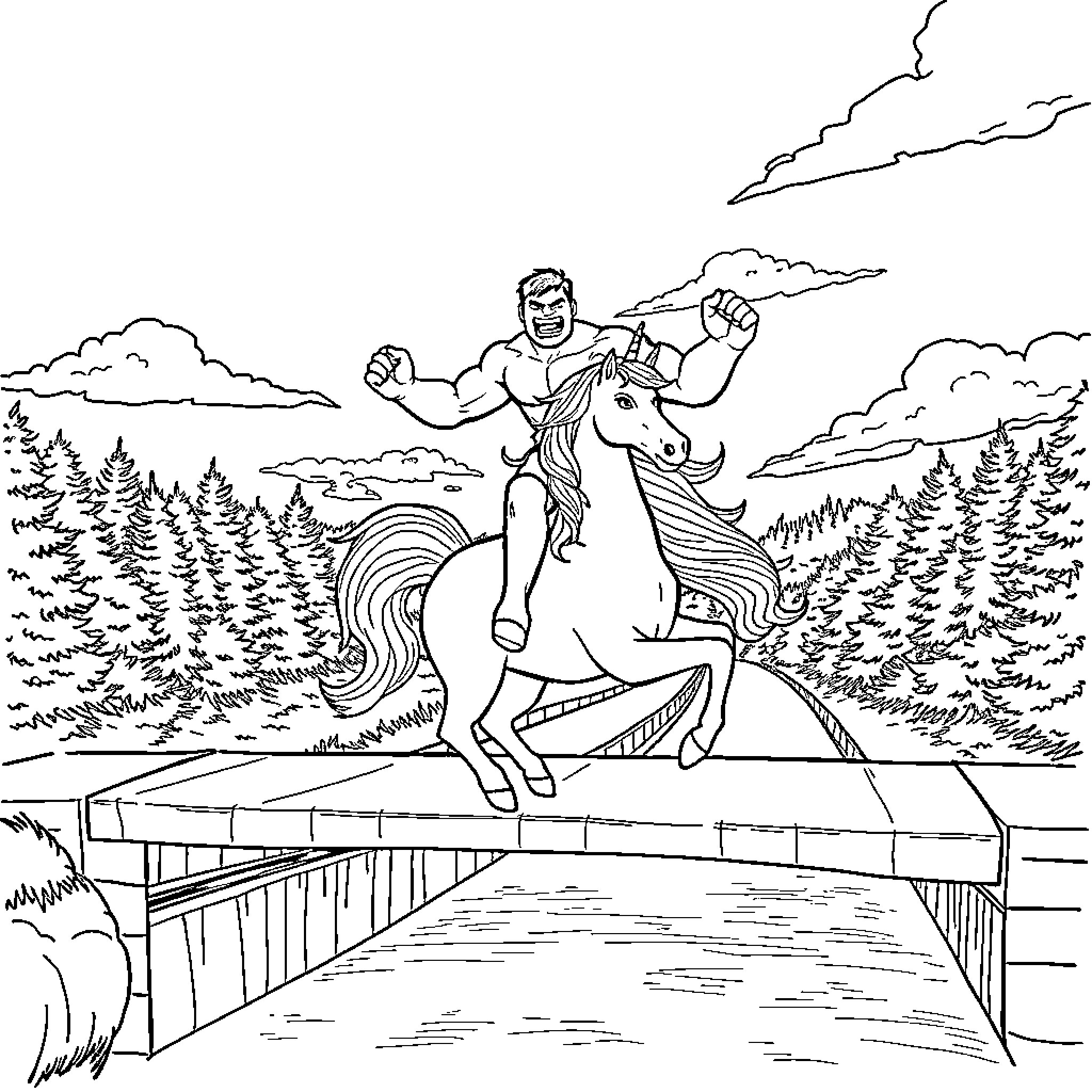 Hulk Rides Mighty Steed Across Countryside Coloring Page (free black-and-white line drawing printable PDF for all, from beginners to advanced learners, including children, teens, adults, and seniors)