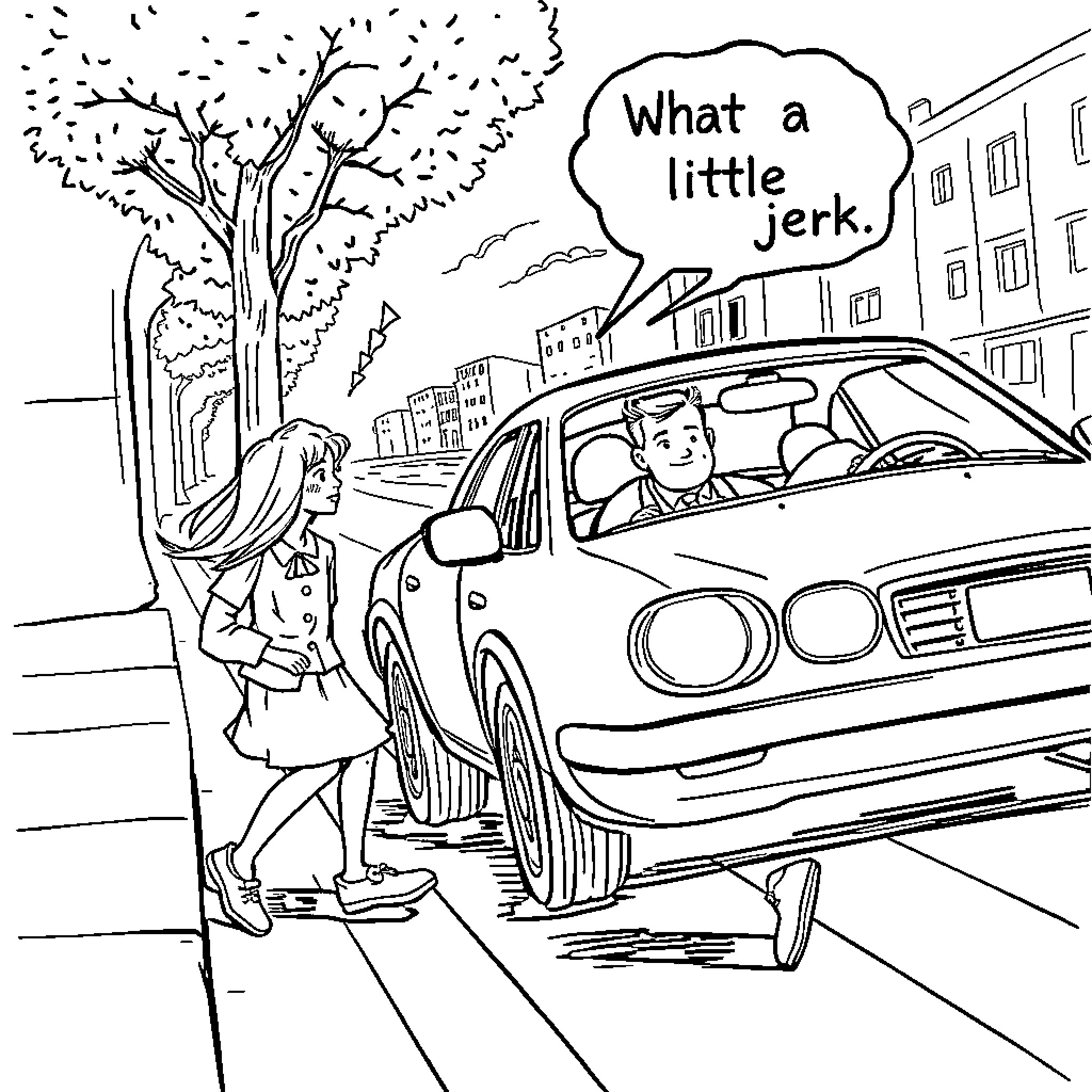 Car driver makes a remark to pedestrian Coloring Page (free black-and-white line drawing printable PDF for all, from beginners to advanced learners, including children, teens, adults, and seniors)