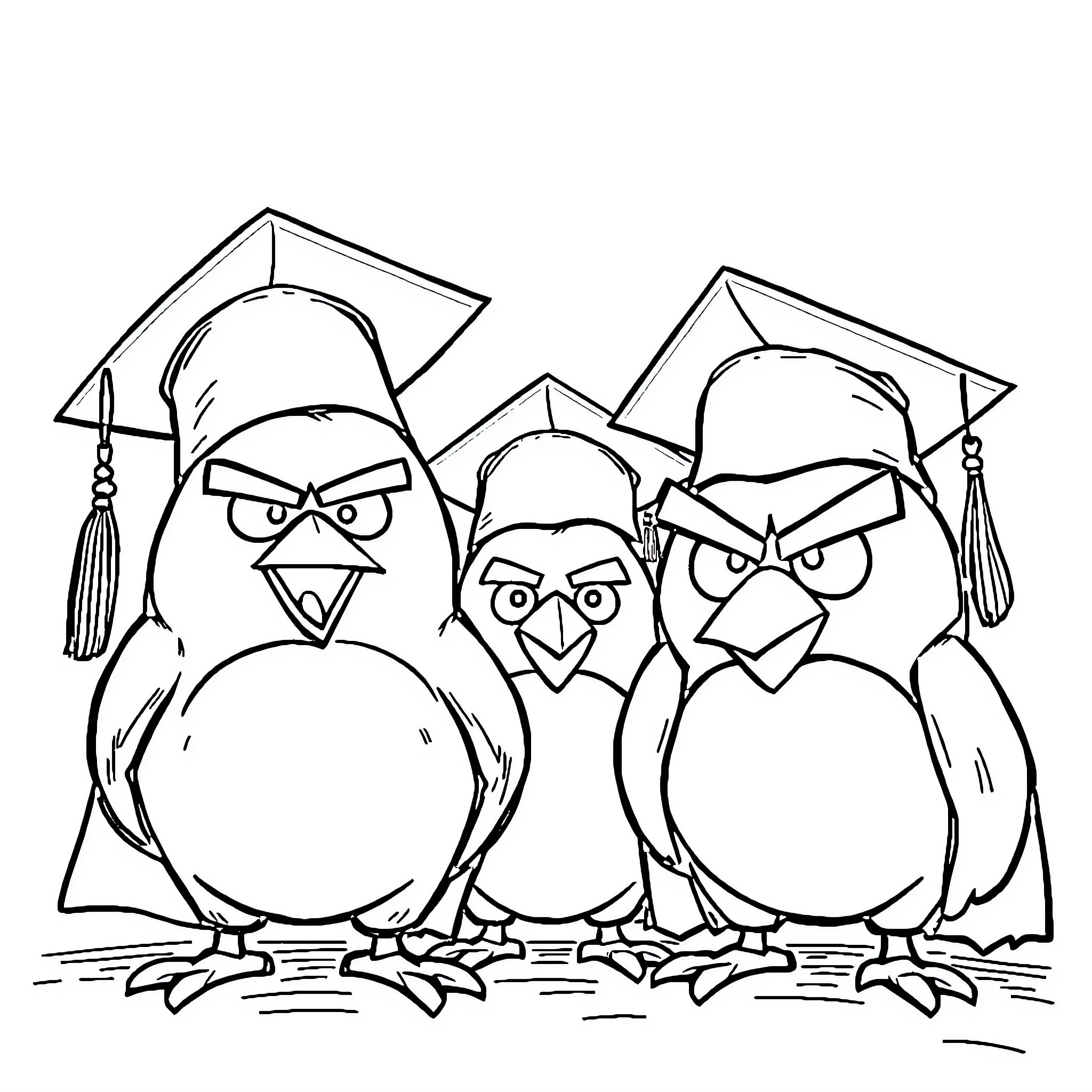 Angry Birds Graduating Students in Caps and Gowns Coloring Page (free black-and-white line drawing printable PDF for all, from beginners to advanced learners, including children, teens, adults, and seniors)