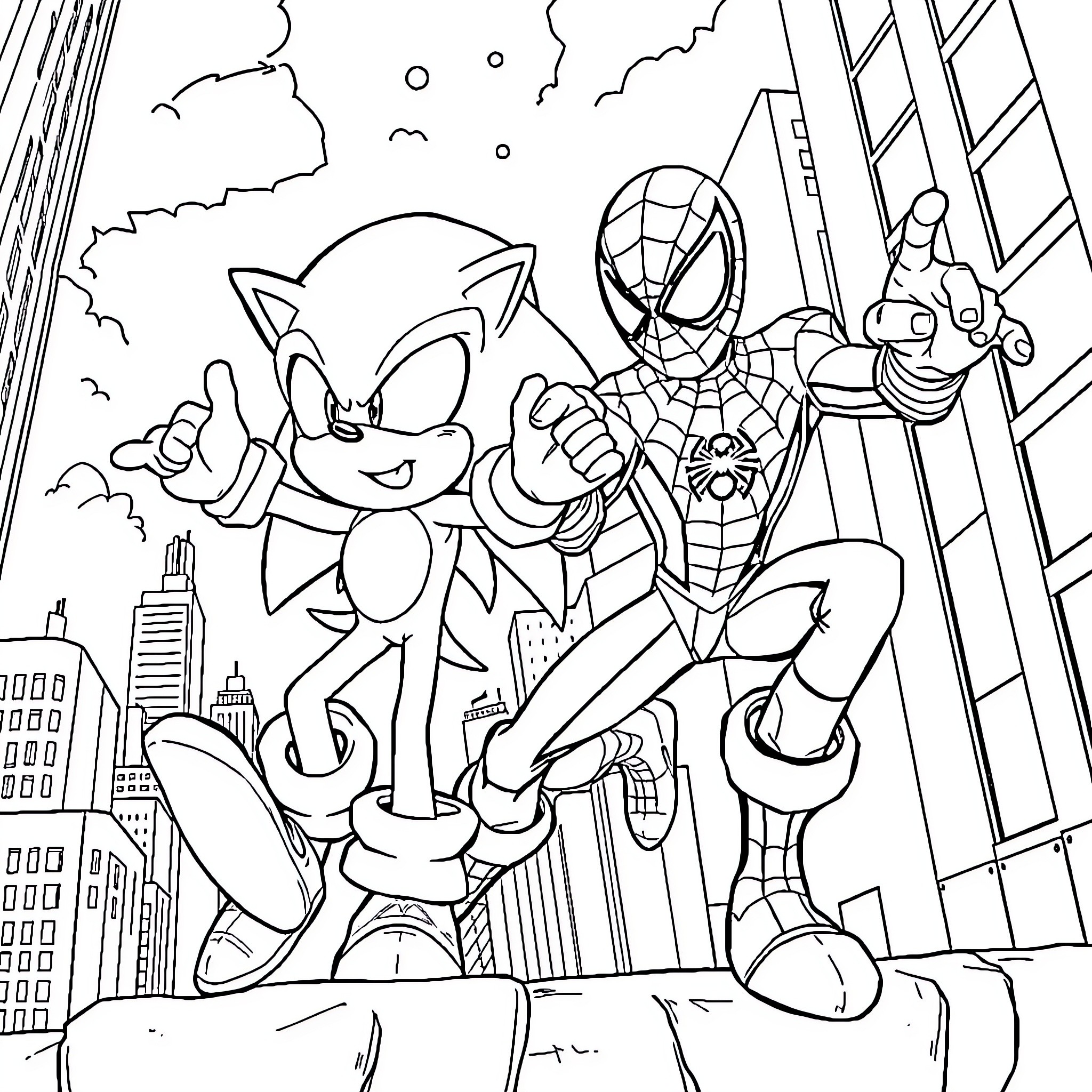 Sonic and Spider-Man Saving the City Coloring Page (free black-and-white line drawing printable PDF for all, from beginners to advanced learners, including children, teens, adults, and seniors)