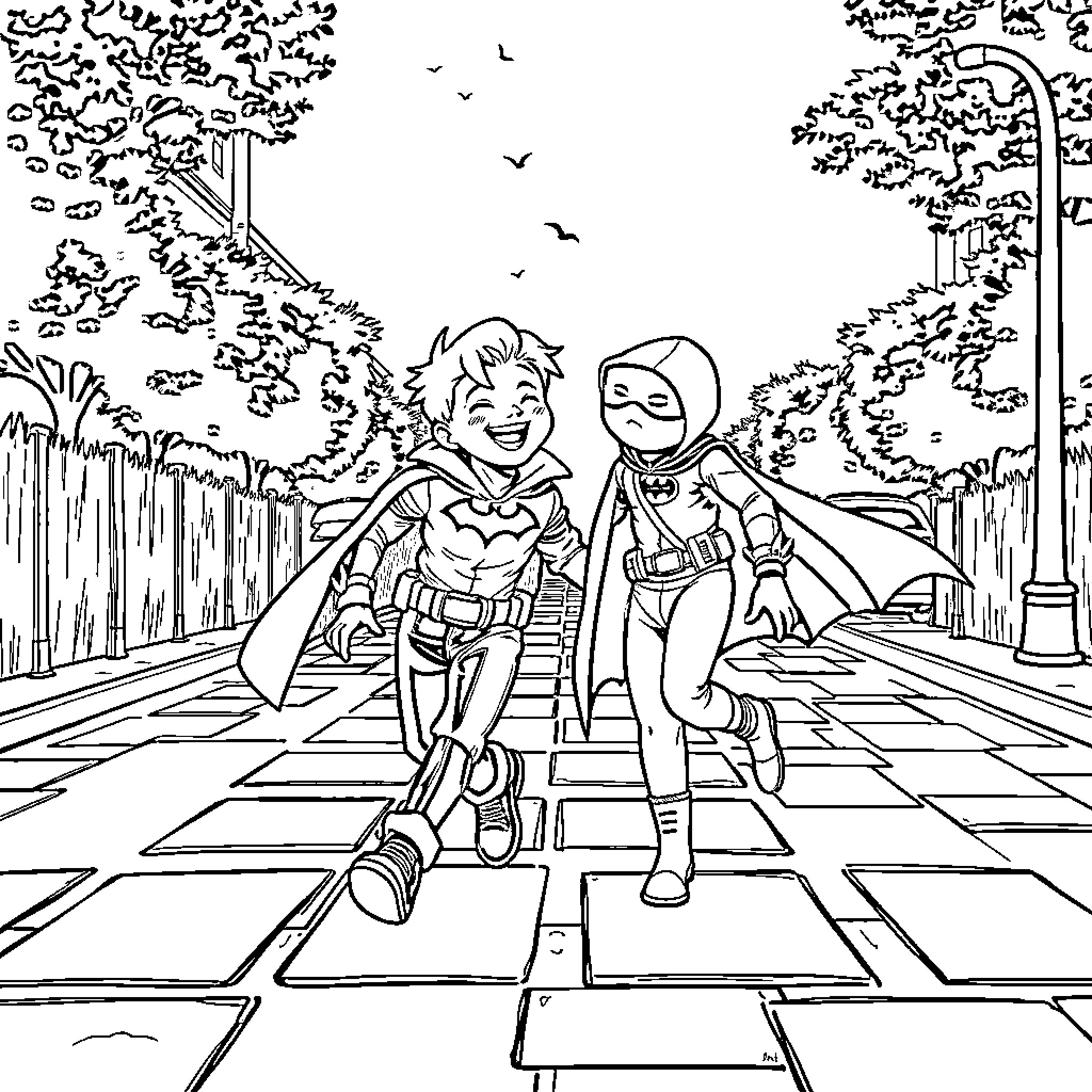 Damian Wayne and Robin in an outdoor adventure Coloring Page (free black-and-white line drawing printable PDF for all, from beginners to advanced learners, including children, teens, adults, and seniors)