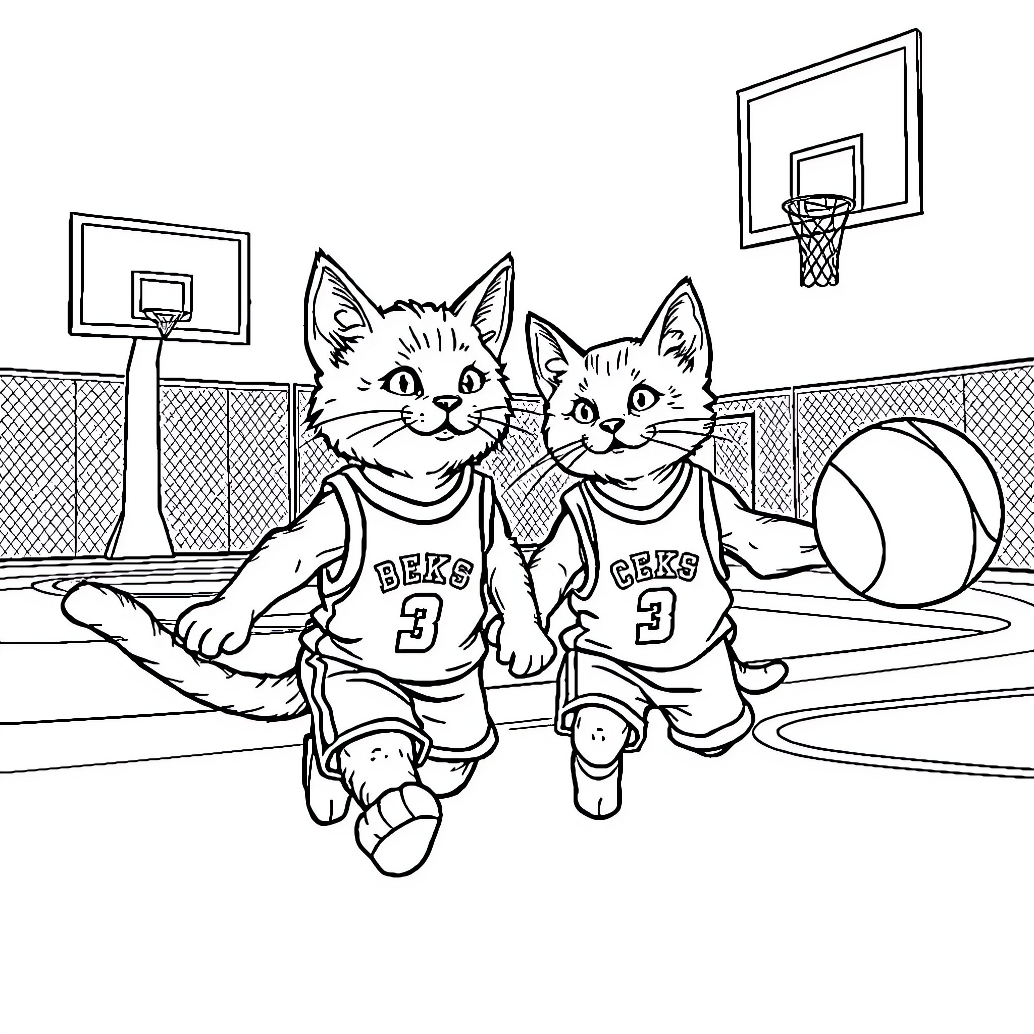 Cats playing basketball on the court Coloring Page (free black-and-white line drawing printable PDF for all, from beginners to advanced learners, including children, teens, adults, and seniors)