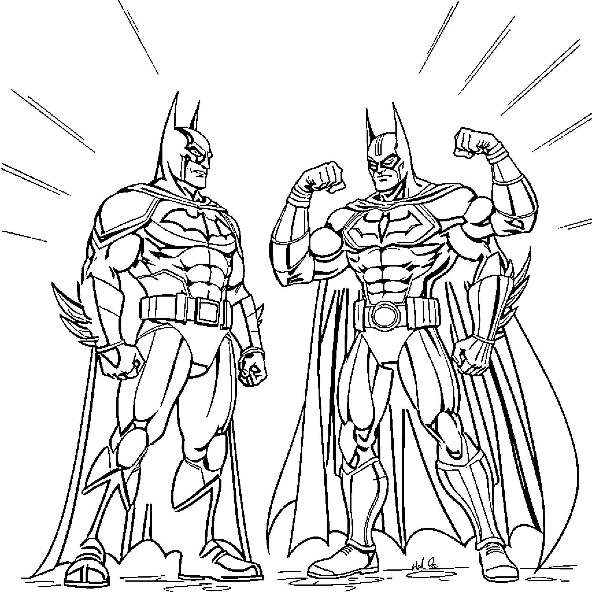Batman and Batman taking action poses Coloring Page (free black-and-white line drawing printable PDF for all, from beginners to advanced learners, including children, teens, adults, and seniors)