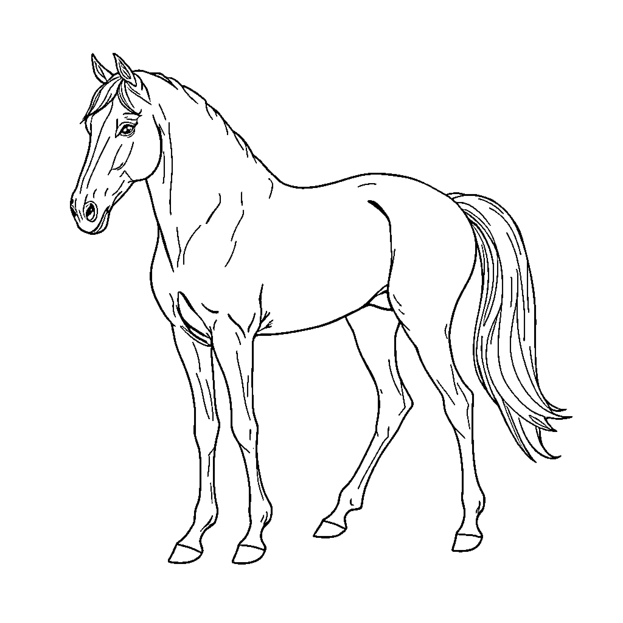 Arabian Horse standing majestic and alert Coloring Page (free black-and-white line drawing printable PDF for all, from beginners to advanced learners, including children, teens, adults, and seniors)