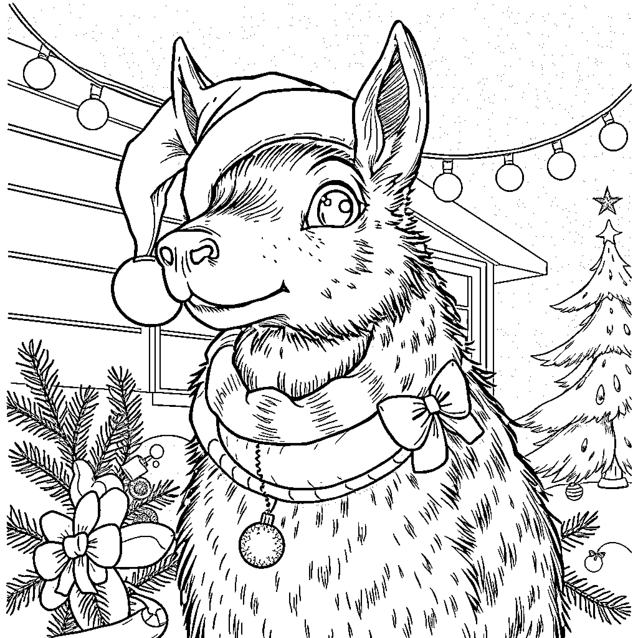 Huntrix's Festive Woodland Companion Coloring Page (free black-and-white line drawing printable PDF for all, from beginners to advanced learners, including children, teens, adults, and seniors)