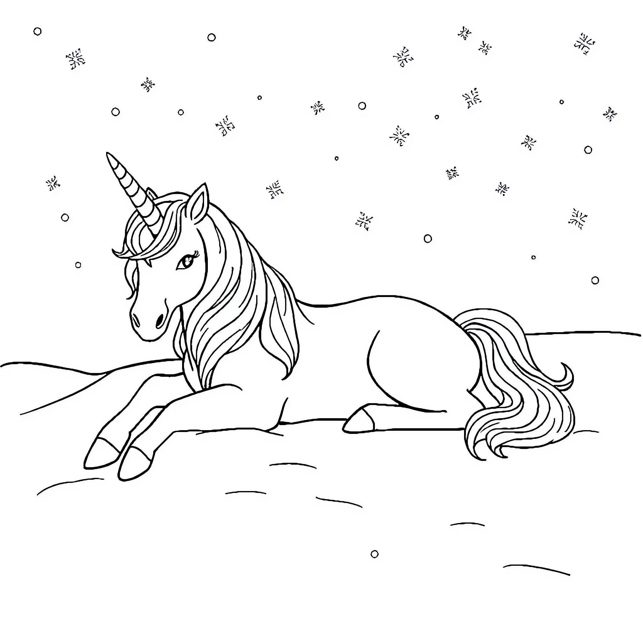 Unicorn resting peacefully under the starry sky Coloring Page (free black-and-white line drawing printable PDF for all, from beginners to advanced learners, including children, teens, adults, and seniors)