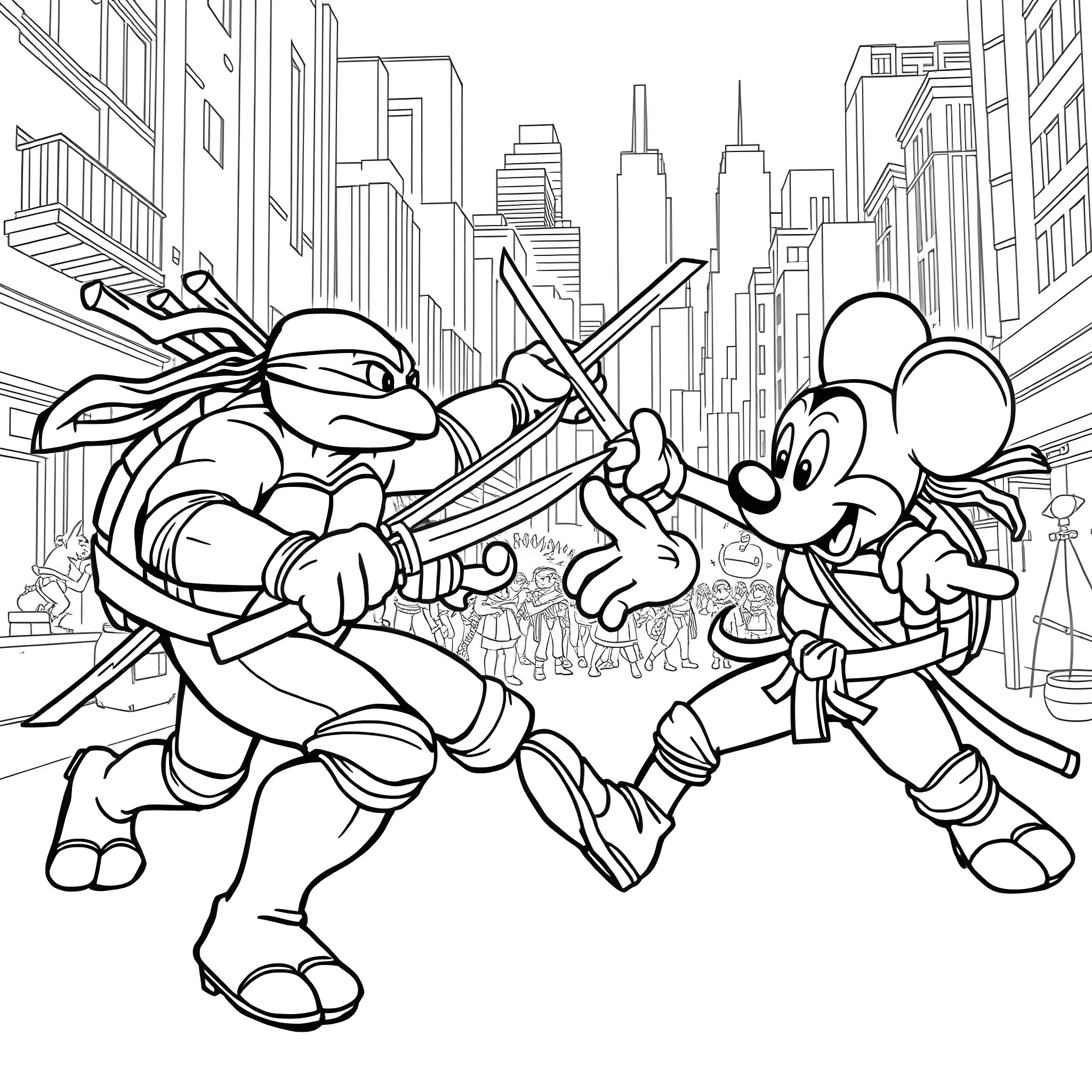 Ninja Turtle and Mickey Mouse engage in epic battle in the city Coloring Page (free black-and-white line drawing printable PDF for all, from beginners to advanced learners, including children, teens, adults, and seniors)