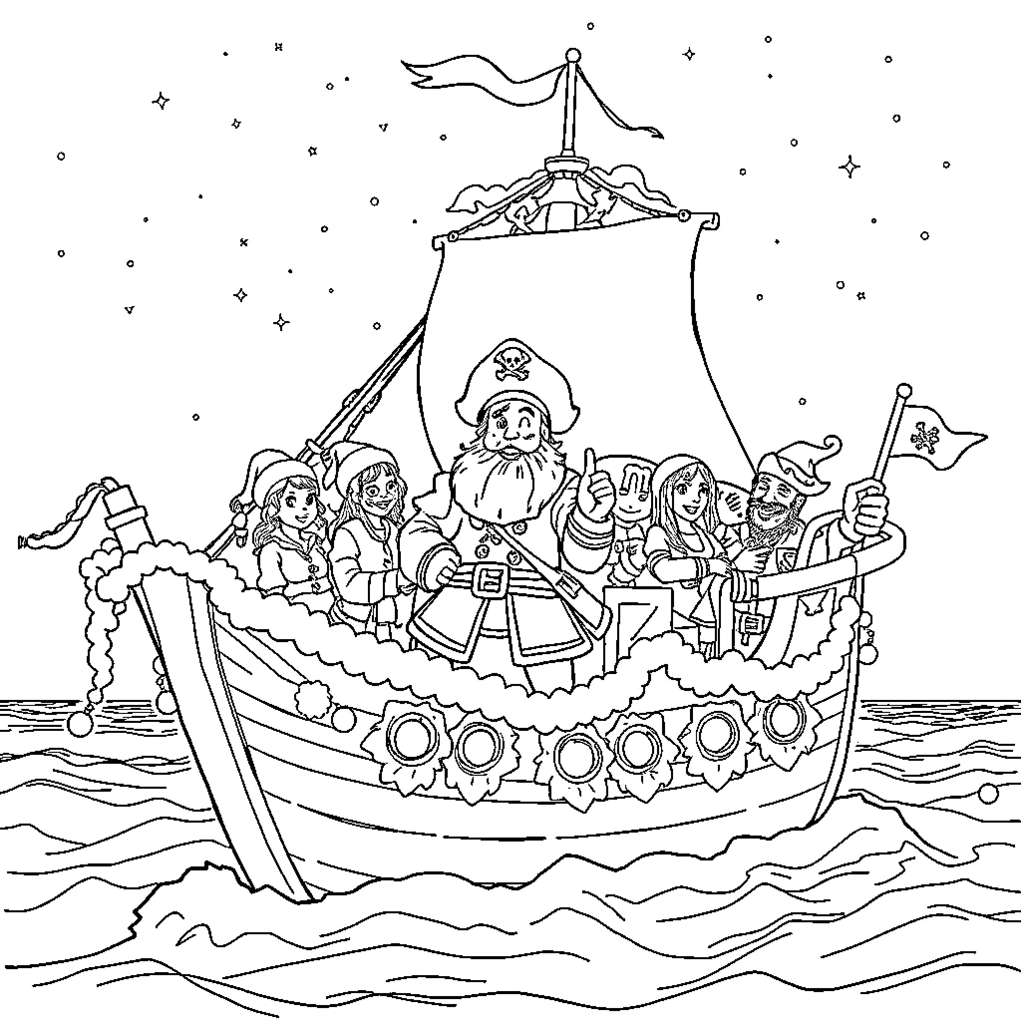 Kaptein Sabeltann's Pirate Crew Sailing the High Seas Coloring Page (free black-and-white line drawing printable PDF for all, from beginners to advanced learners, including children, teens, adults, and seniors)