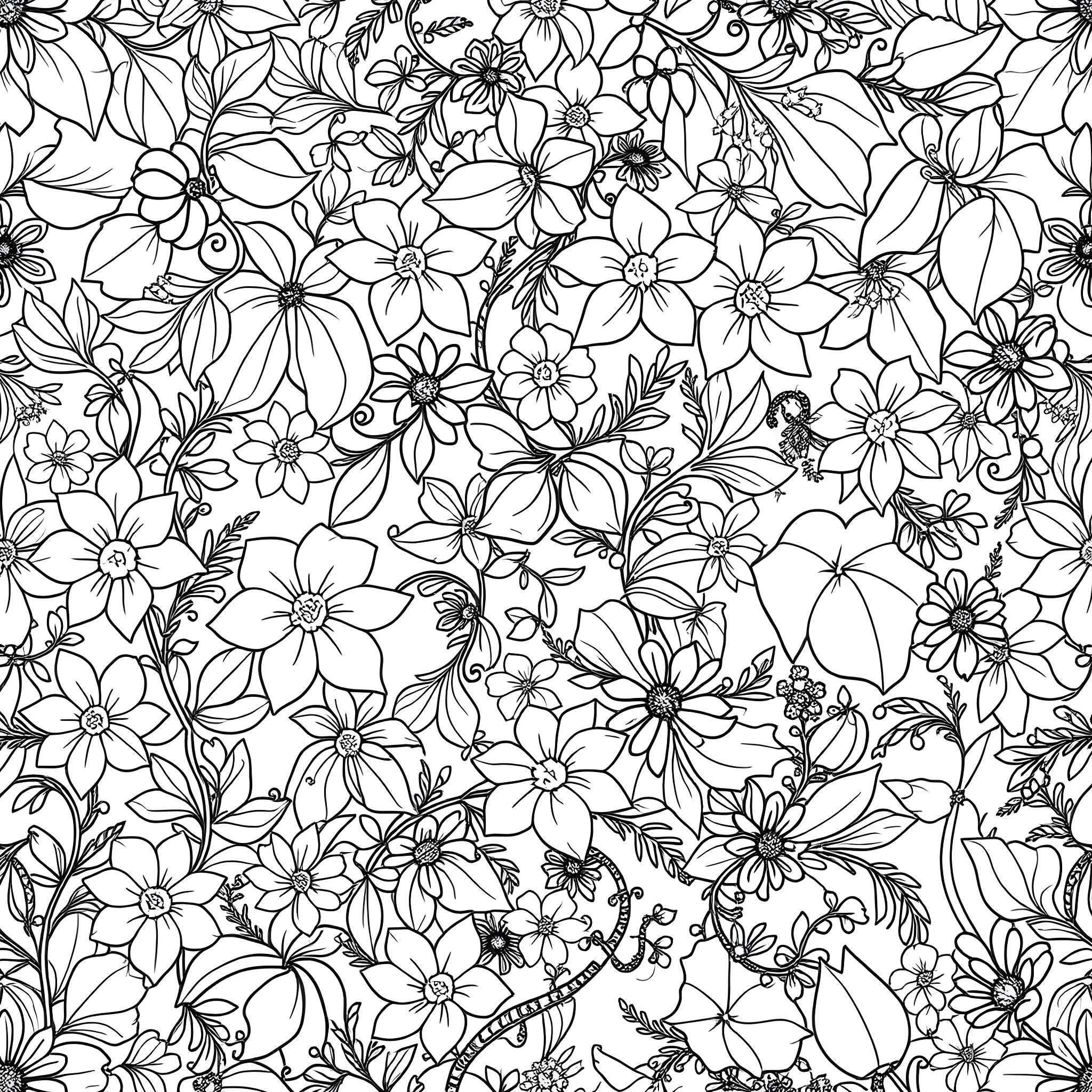 Plant Life Flourishing with Intricate Floral Patterns Coloring Page (free black-and-white line drawing printable PDF for all, from beginners to advanced learners, including children, teens, adults, and seniors)