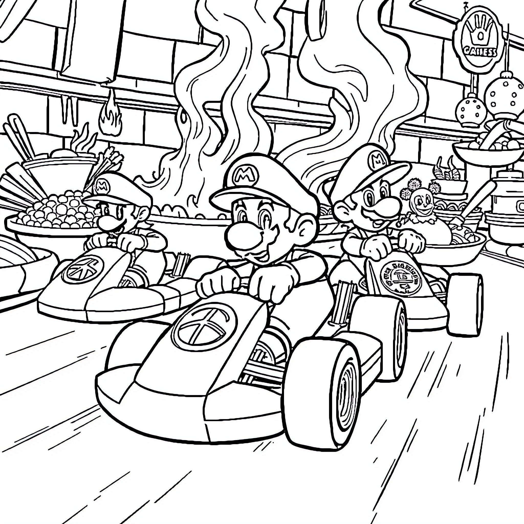 Mario Kart Racing Through the Fantastical Mushroom Kingdom Coloring Page (free black-and-white line drawing printable PDF for all, from beginners to advanced learners, including children, teens, adults, and seniors)