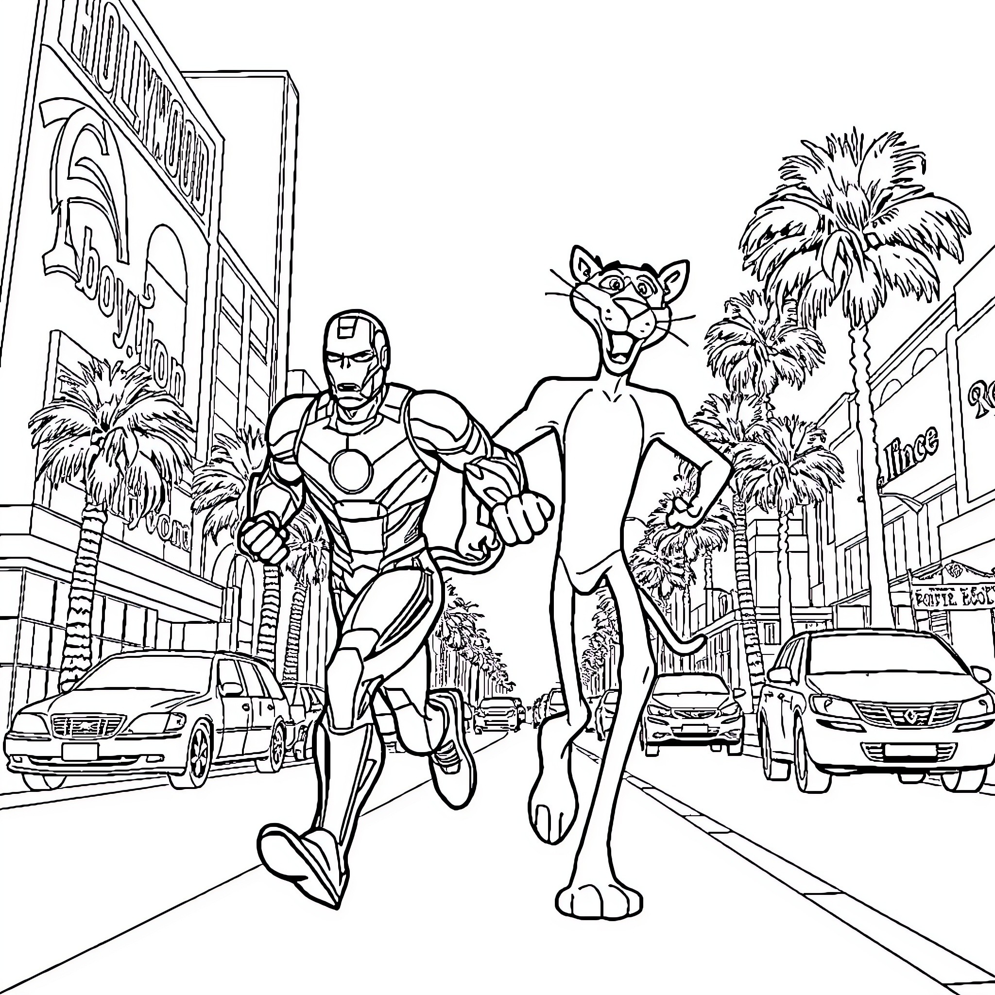 Ironman and Alien Superhero Encounter in City Coloring Page (free black-and-white line drawing printable PDF for all, from beginners to advanced learners, including children, teens, adults, and seniors)