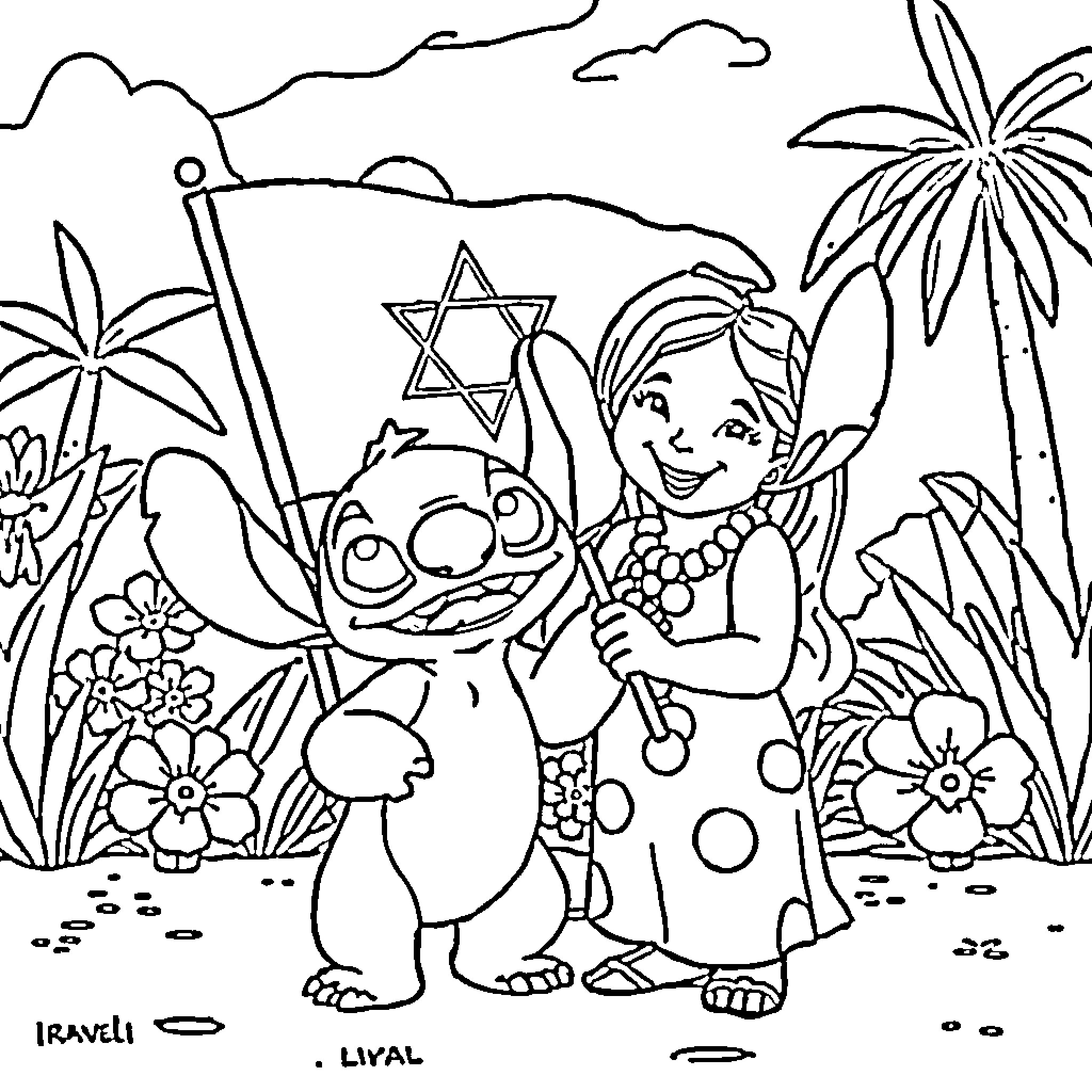 Lilo playing with Stitch in a tropical scene Coloring Page (free black-and-white line drawing printable PDF for all, from beginners to advanced learners, including children, teens, adults, and seniors)