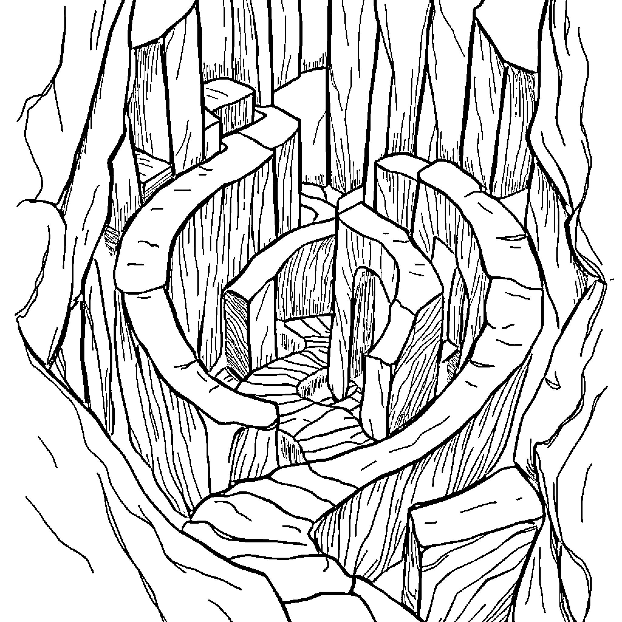 Labyrinth of Winding Paths and Architectural Structures Coloring Page (free black-and-white line drawing printable PDF for all, from beginners to advanced learners, including children, teens, adults, and seniors)