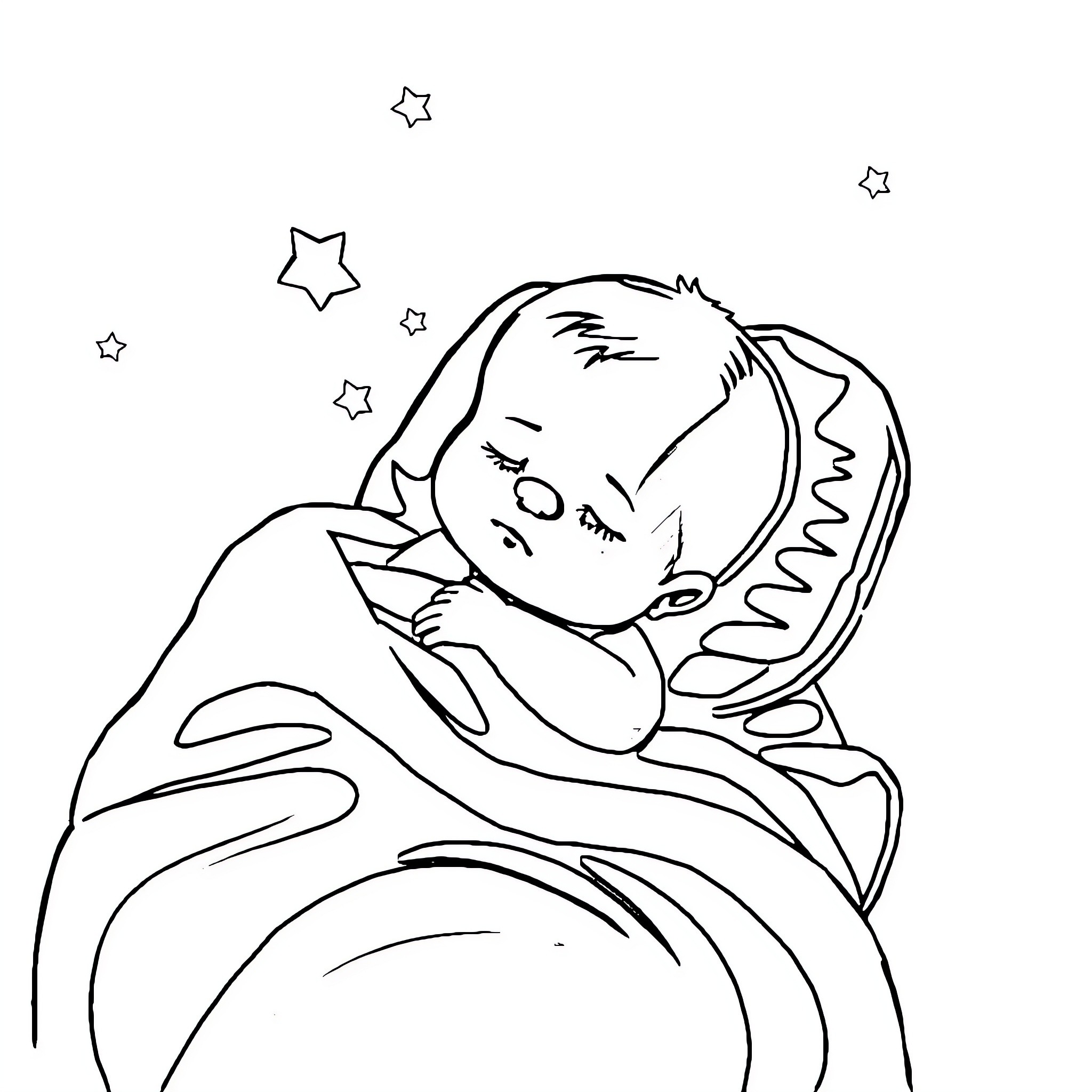 Baby sleeping peacefully under the stars Coloring Page (free black-and-white line drawing printable PDF for all, from beginners to advanced learners, including children, teens, adults, and seniors)