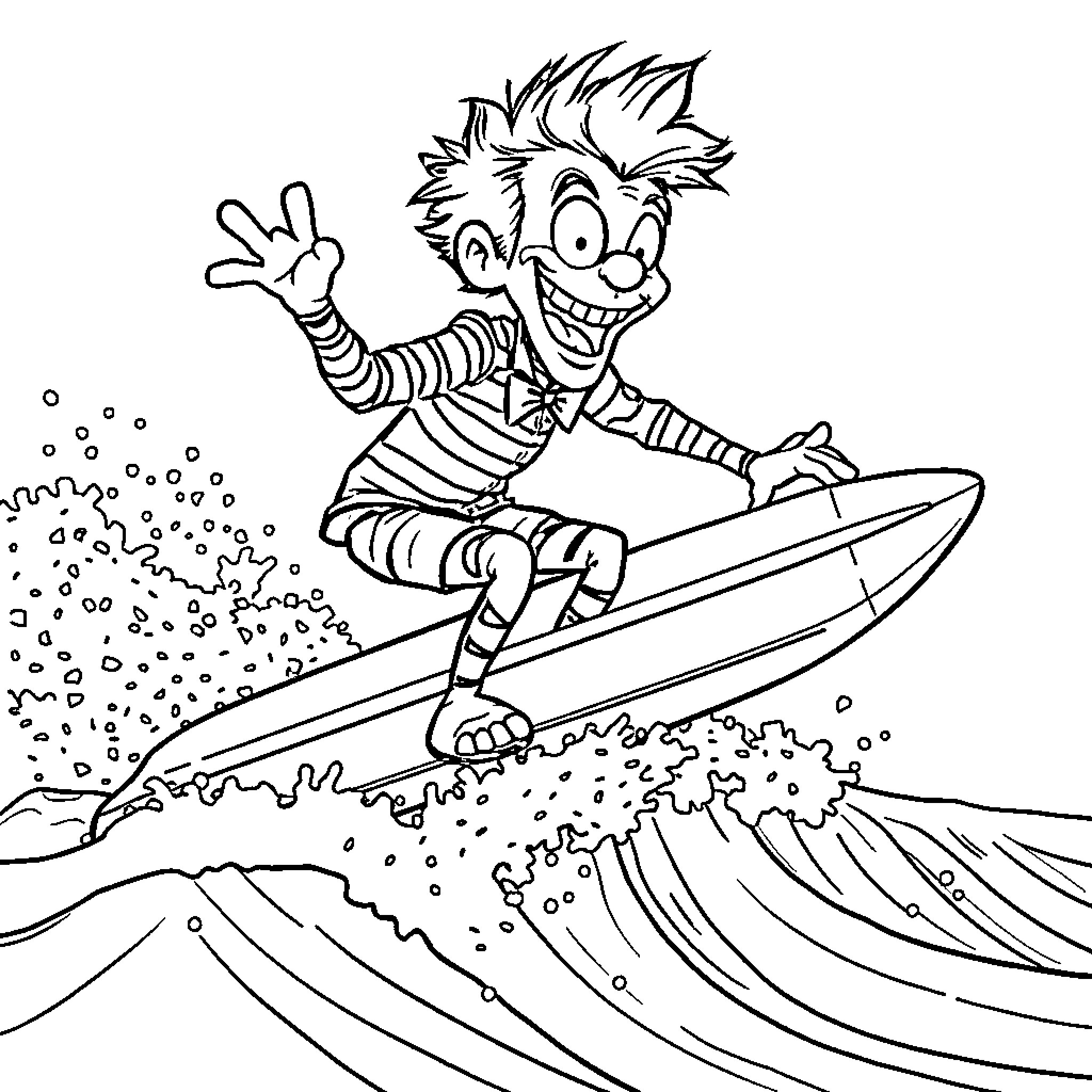 Jack Skelton surfing on a wave Coloring Page (free black-and-white line drawing printable PDF for all, from beginners to advanced learners, including children, teens, adults, and seniors)