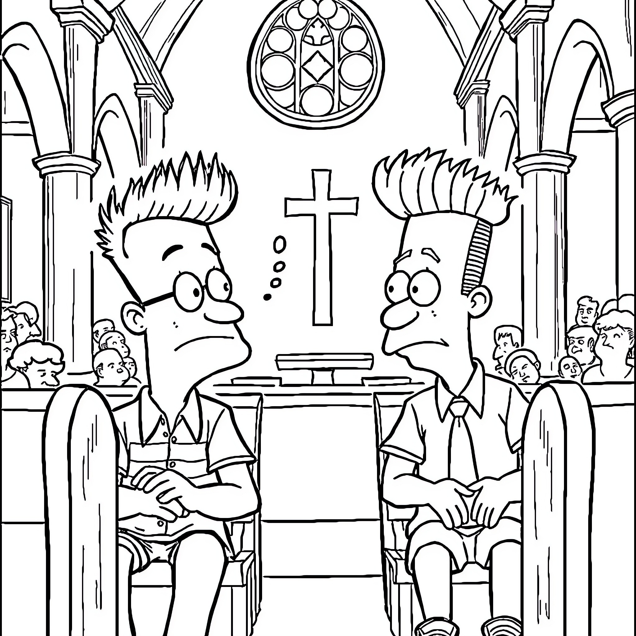 Beavis and Butt-Head Attend a Religious Service Coloring Page (free black-and-white line drawing printable PDF for all, from beginners to advanced learners, including children, teens, adults, and seniors)