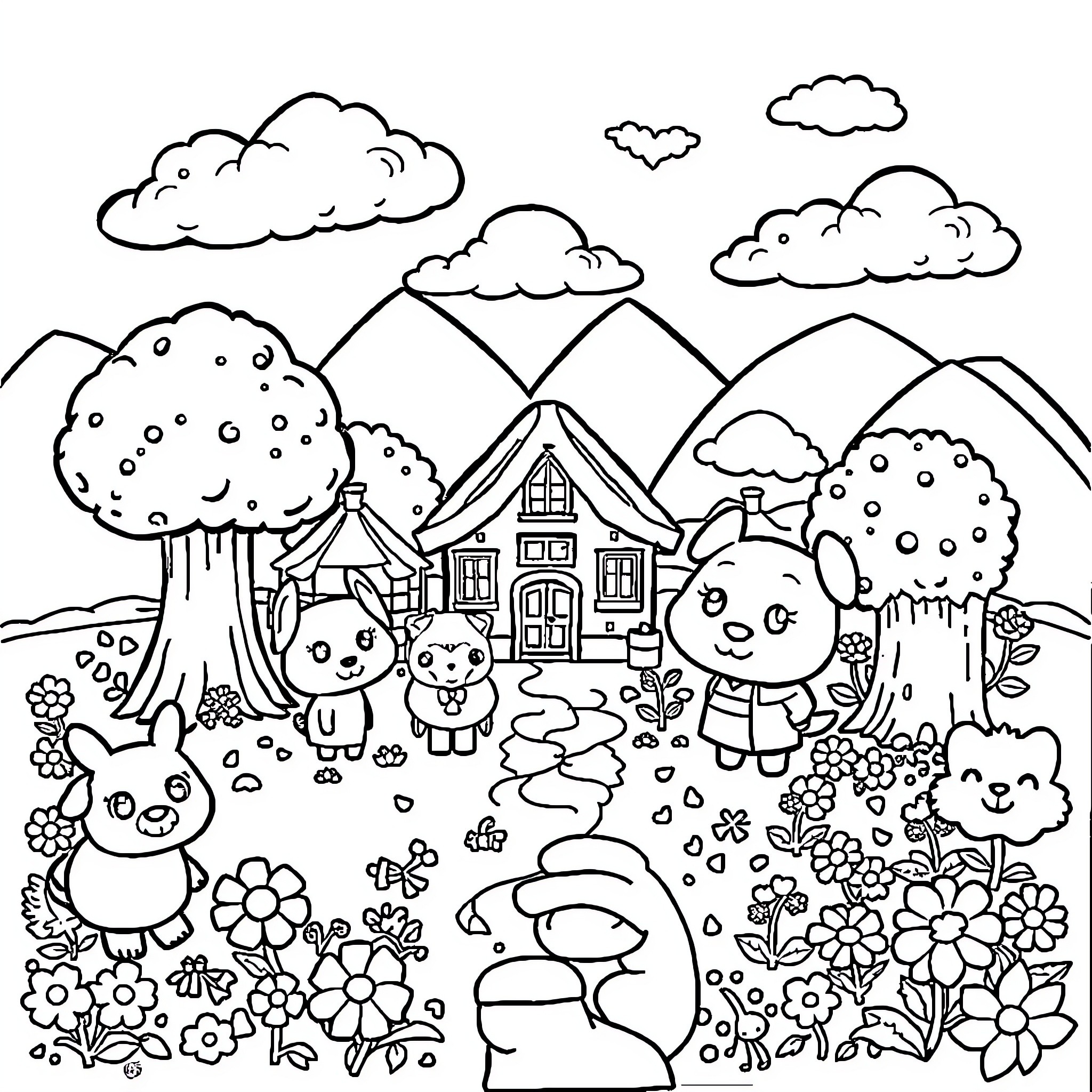 Animal Crossing Characters Enjoying Nature Outdoors Coloring Page (free black-and-white line drawing printable PDF for all, from beginners to advanced learners, including children, teens, adults, and seniors)