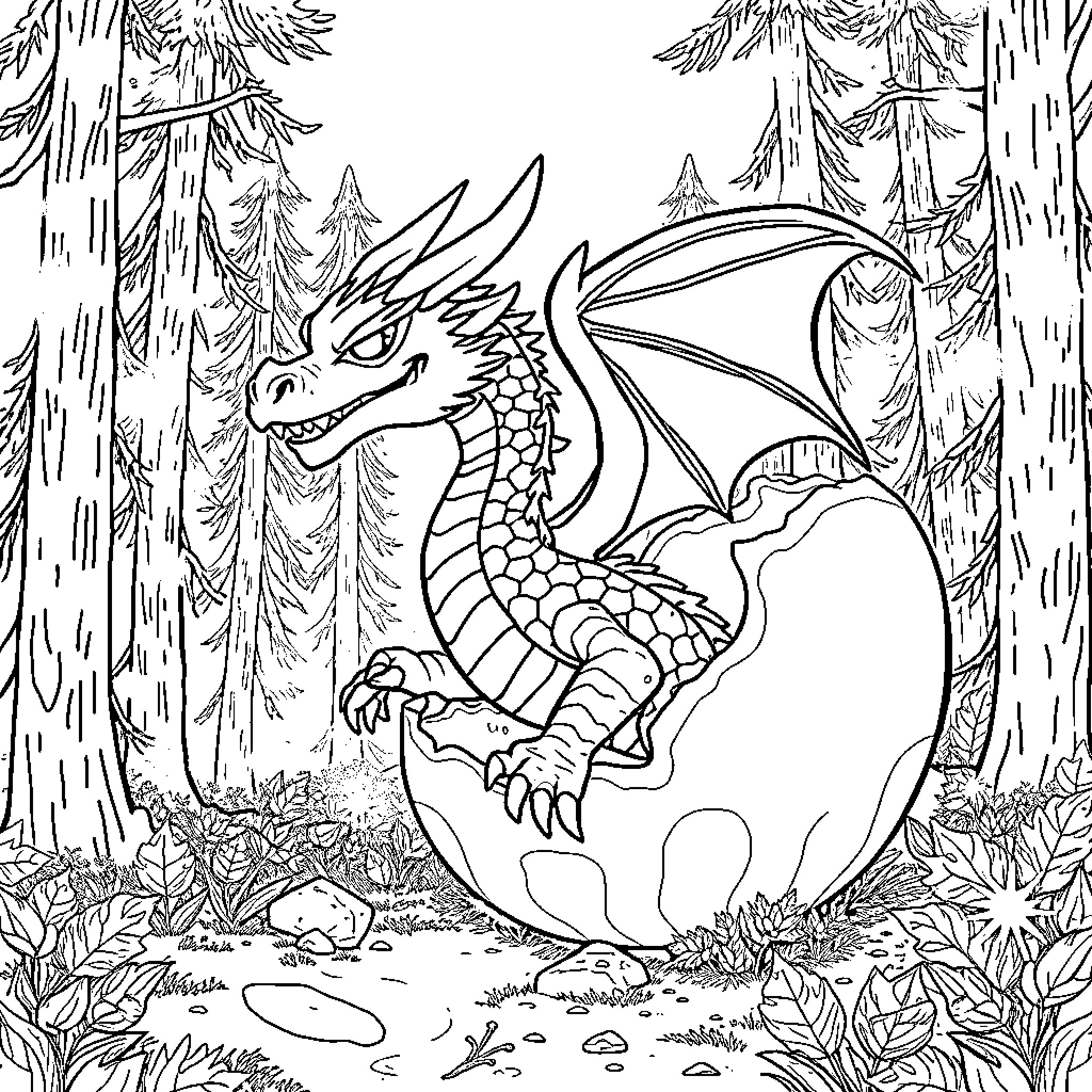 Dragon exploring the enchanted forest Coloring Page (free black-and-white line drawing printable PDF for all, from beginners to advanced learners, including children, teens, adults, and seniors)